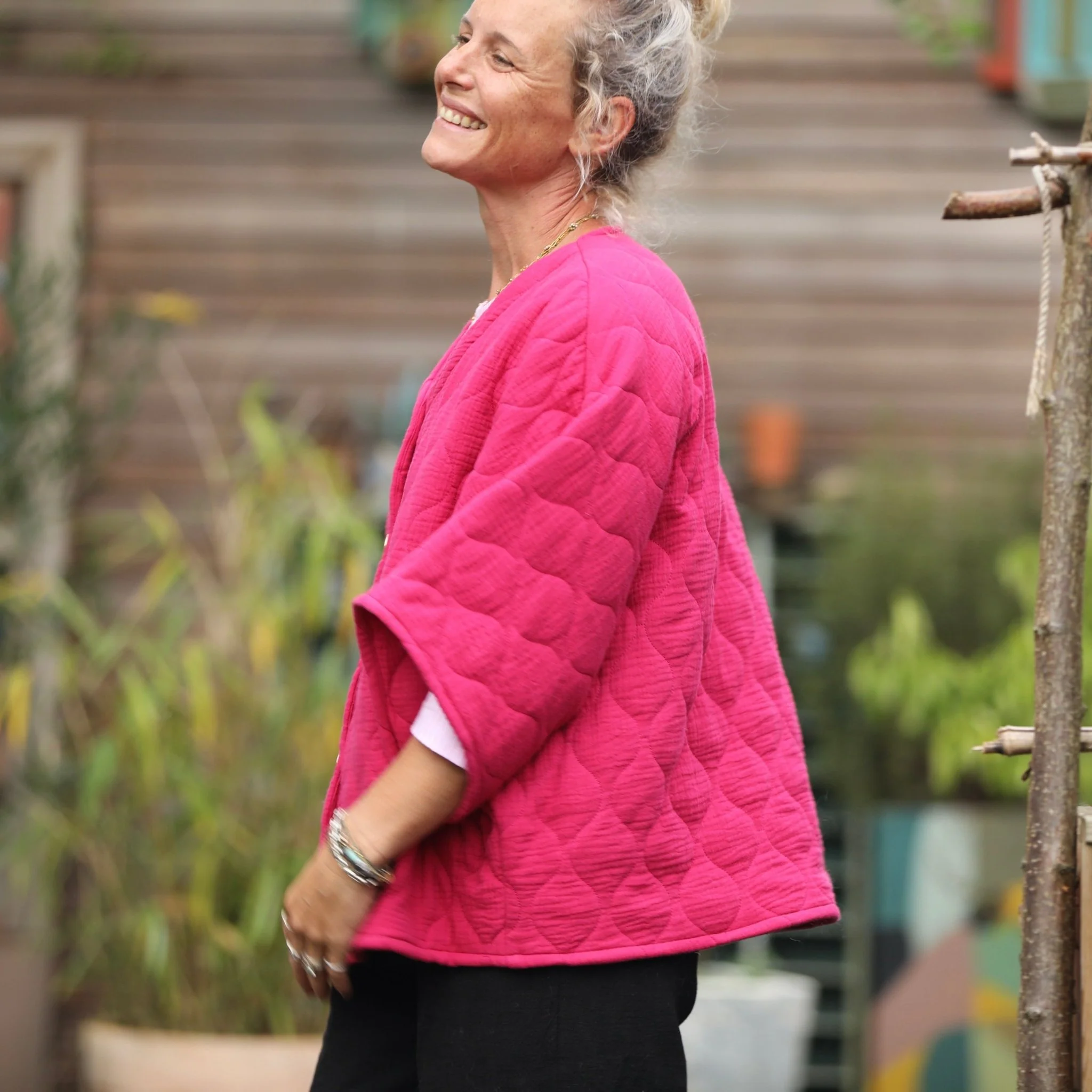 Veste kimono Yoko - double gaze de coton matelassé fushia - Image 4