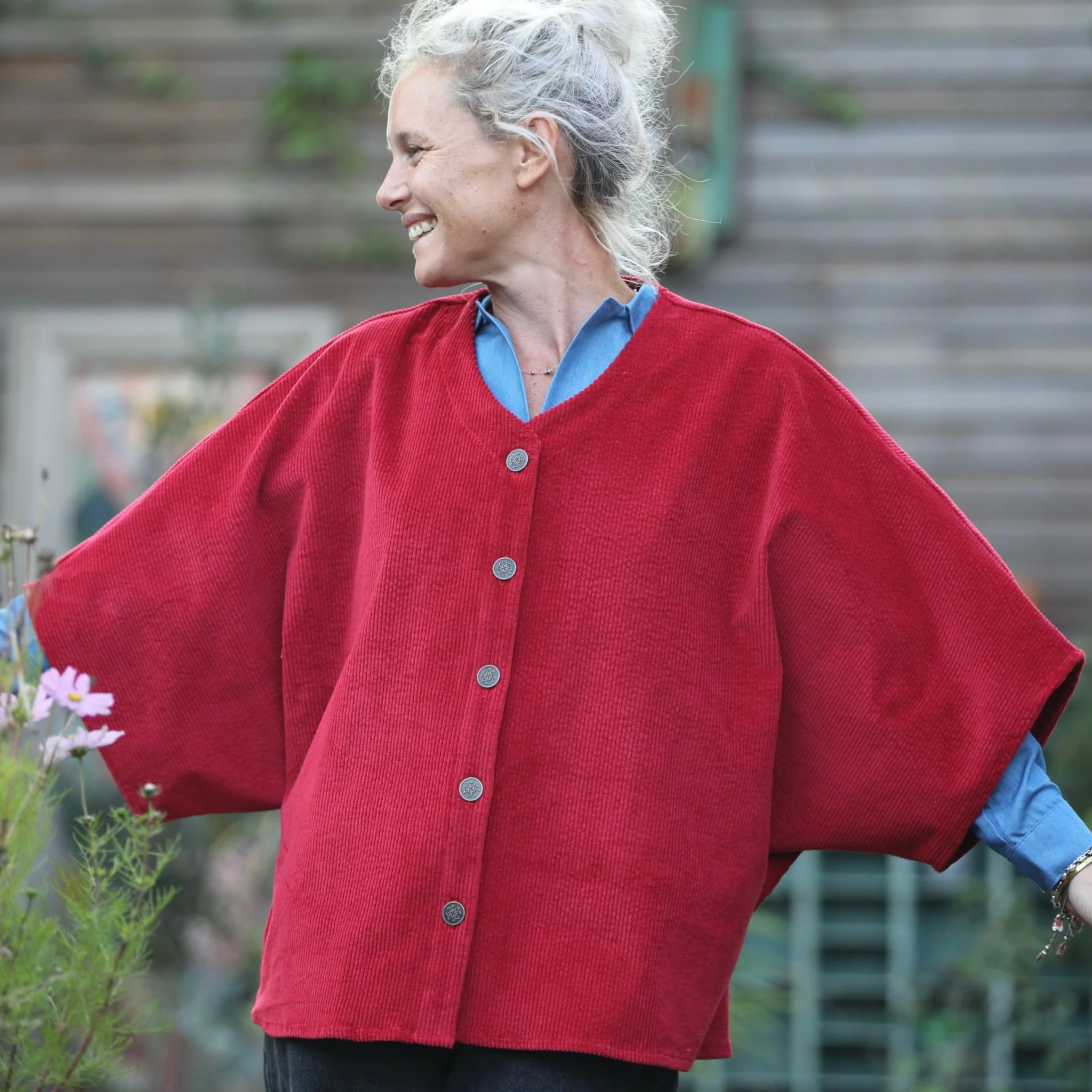 Veste kimono Yoko - velours côtelé grenat
