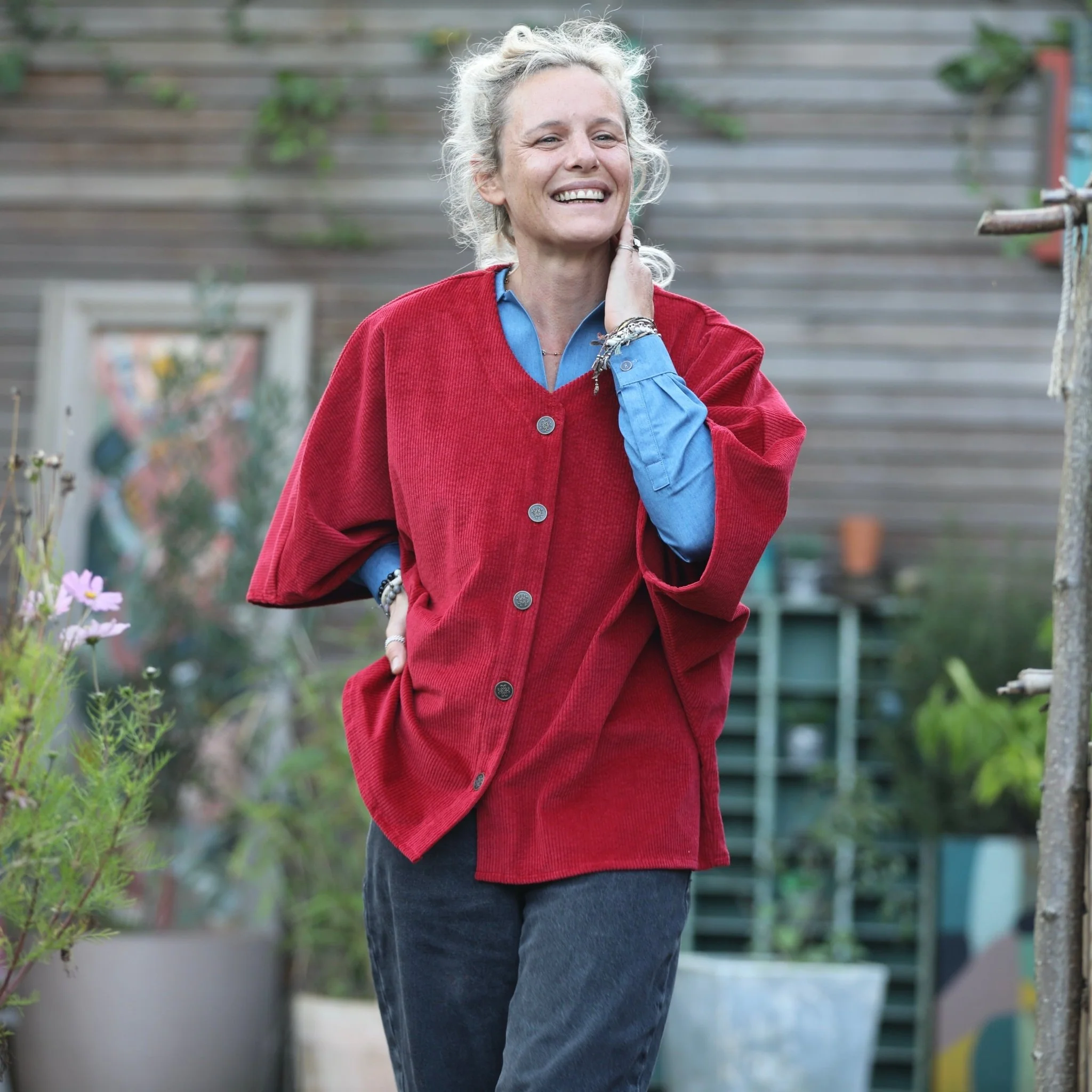 Veste kimono Yoko - velours côtelé grenat - Image 6
