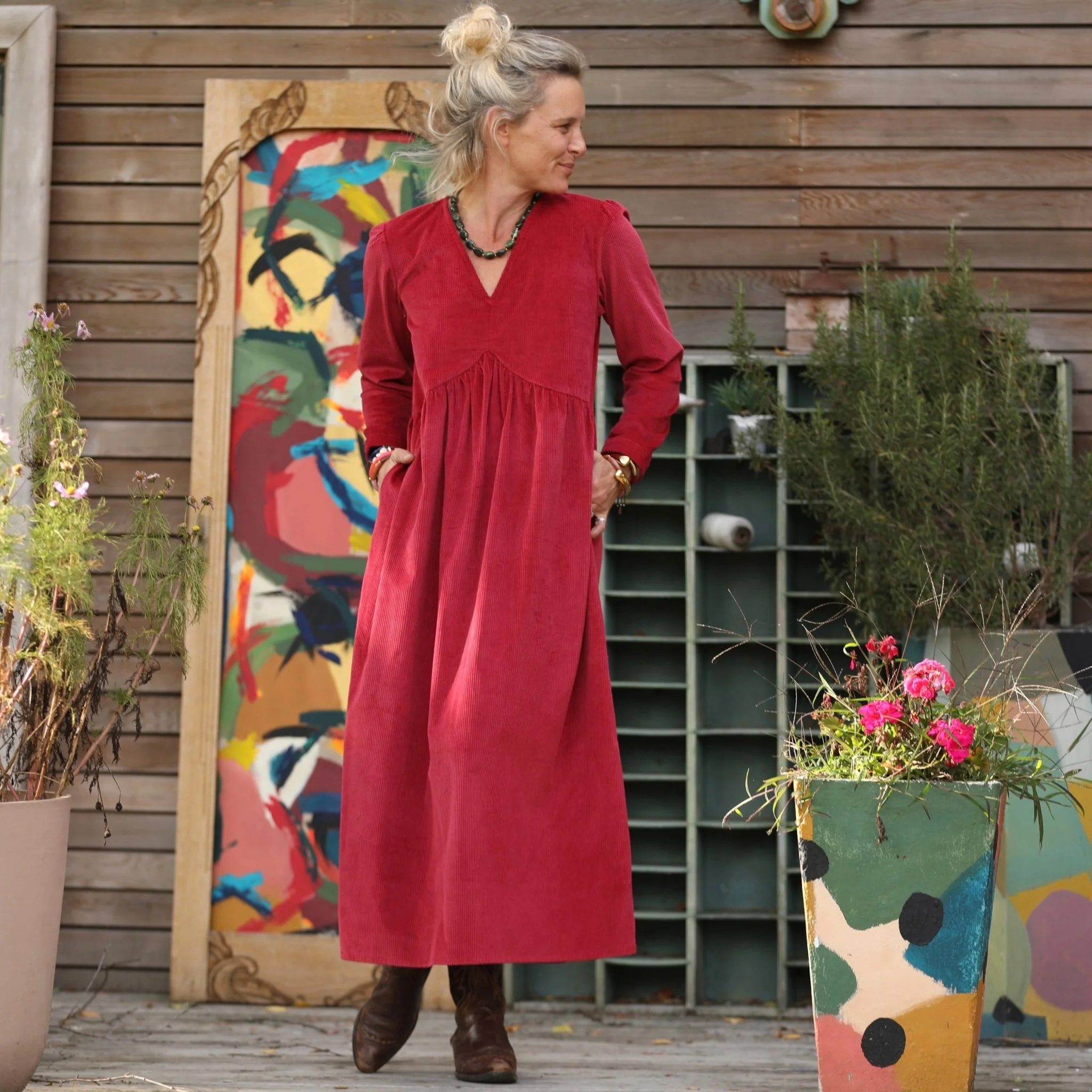 Robe Edonie manches longues - Velours côtelé framboise