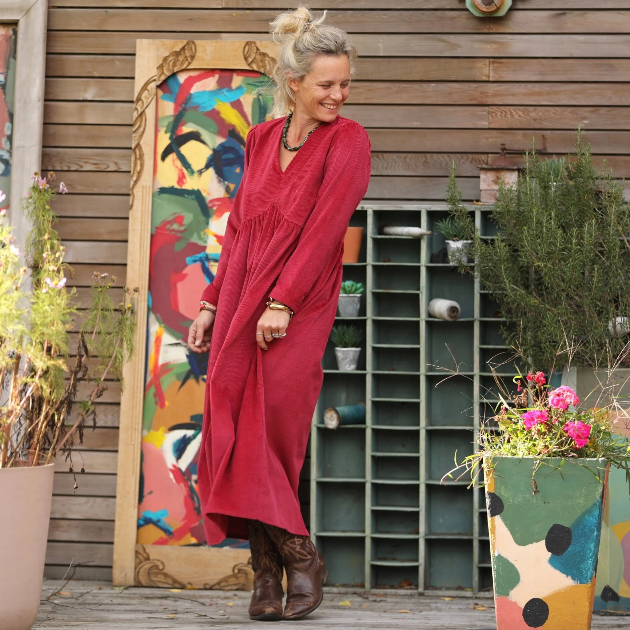 Robe Edonie manches longues - Velours côtelé framboise - Image 6