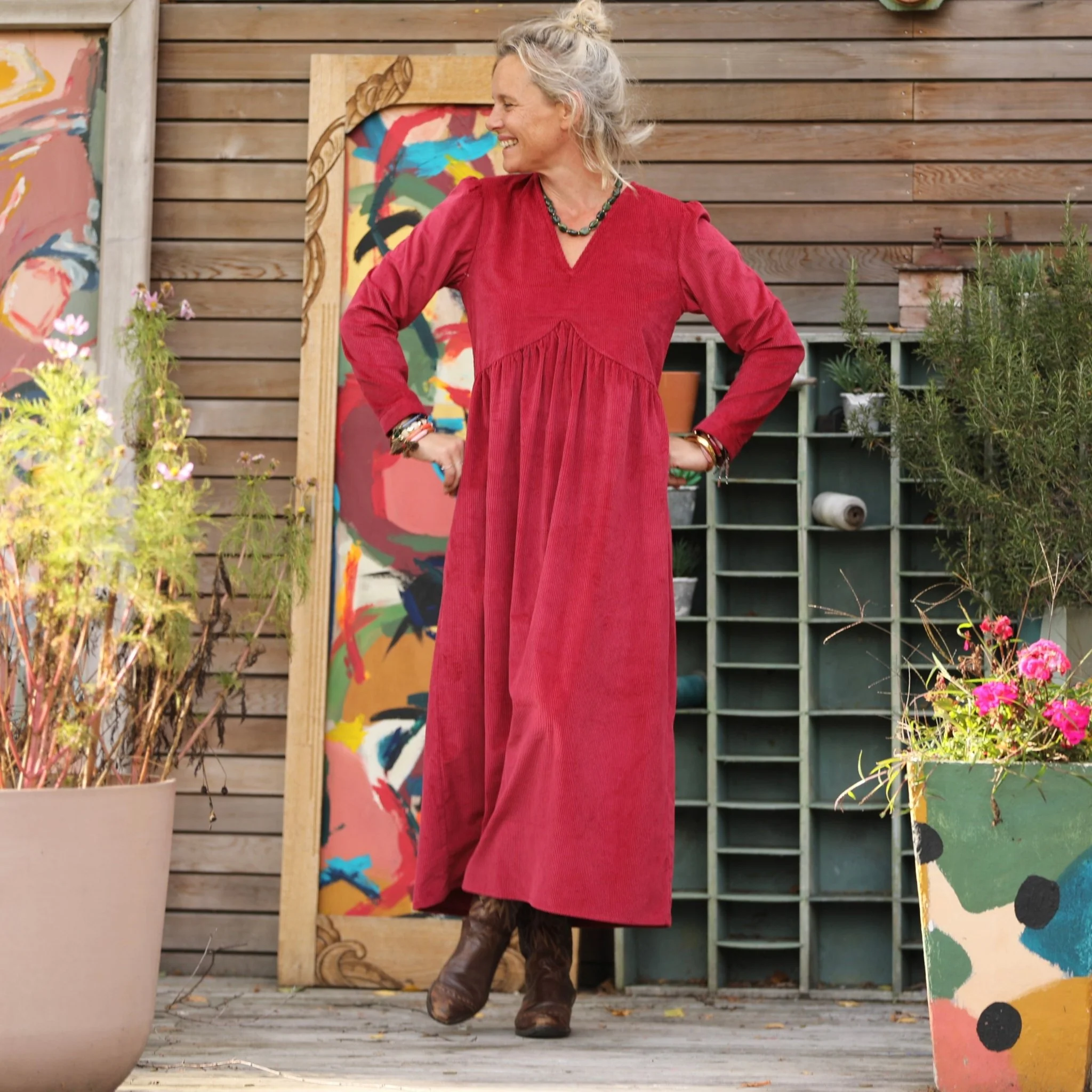 Robe Edonie manches longues - Velours côtelé framboise - Image 7