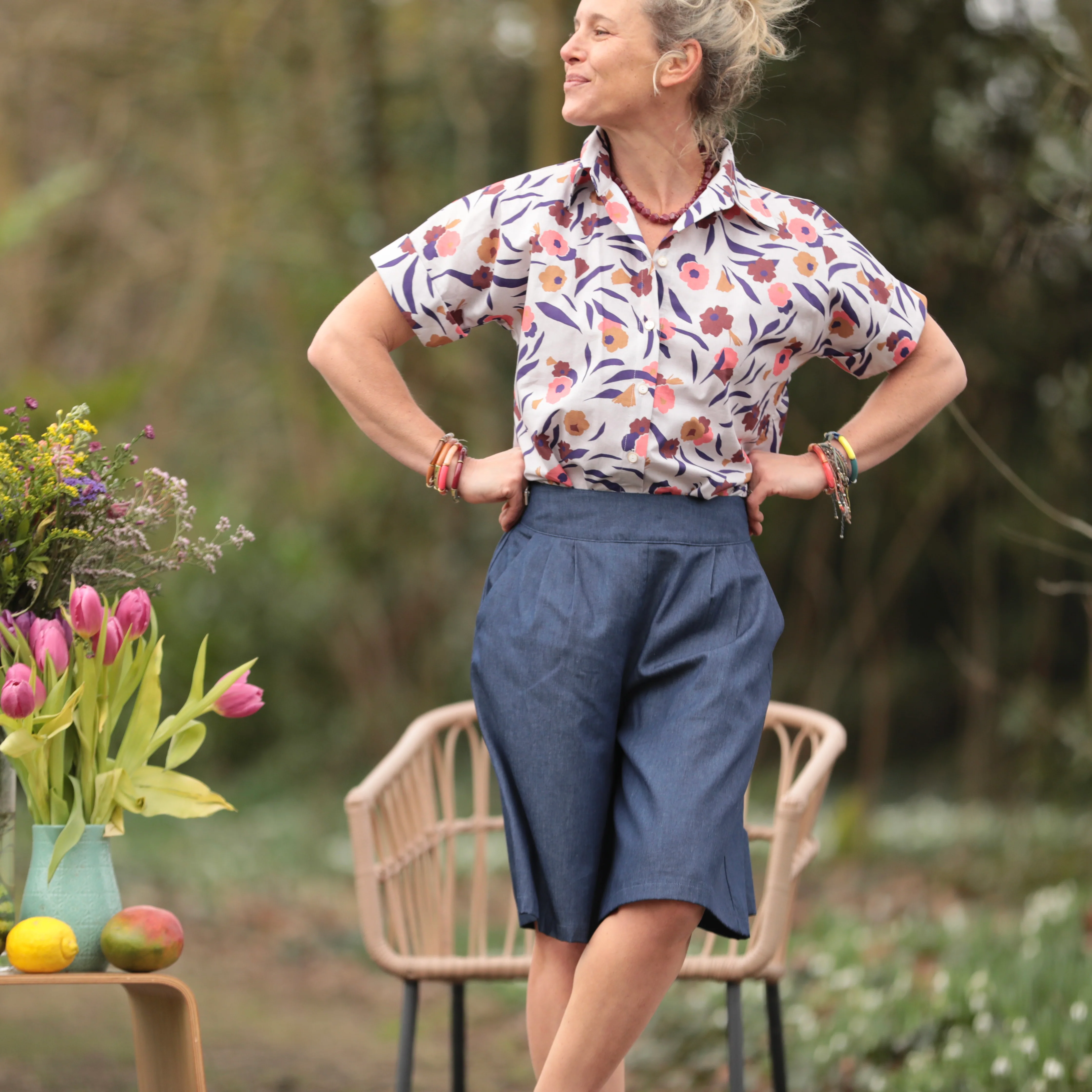 Chemise Honorine - Coton Fleuri écru corail/bleu nuit - Image 6