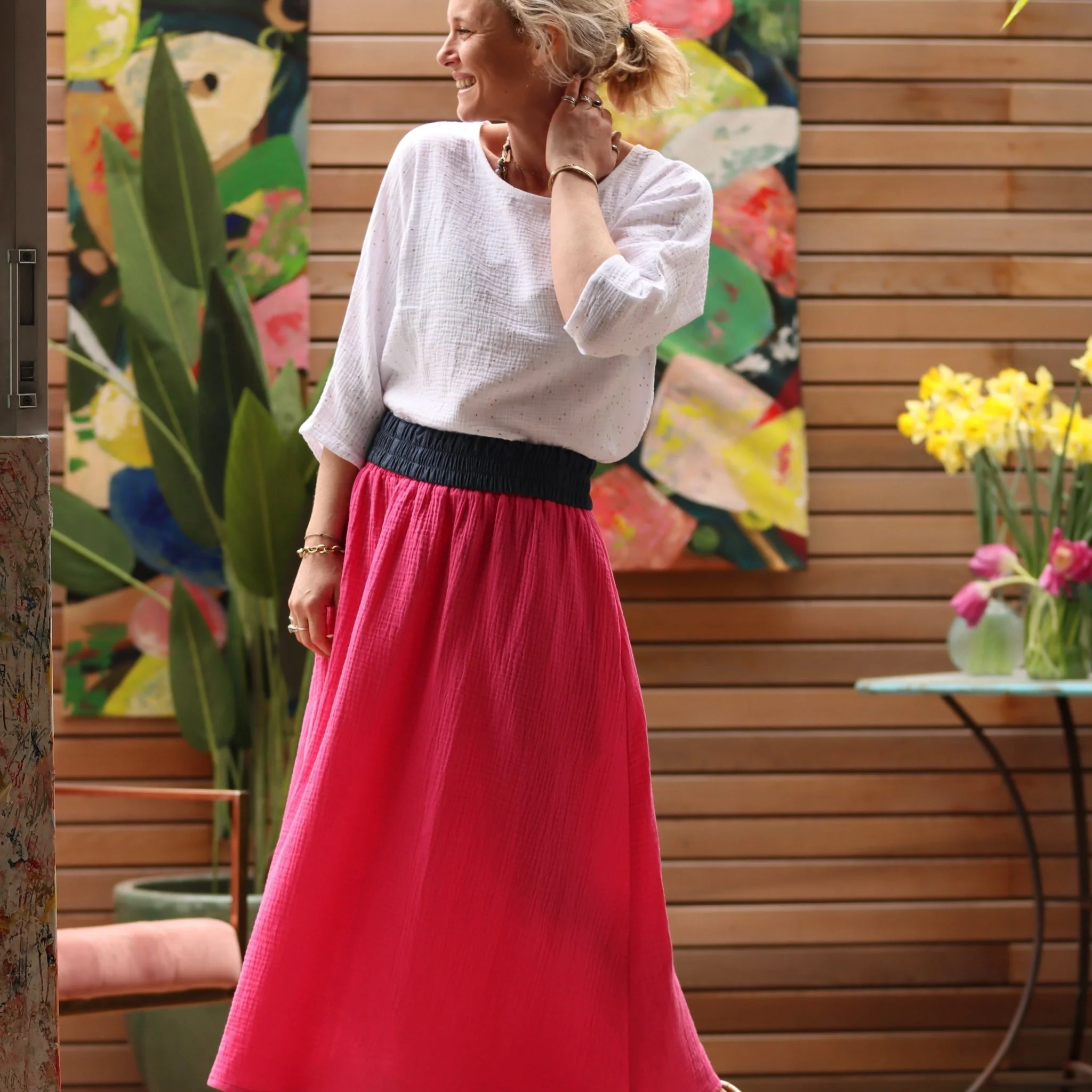 Jupe longue rose fushia gaze de coton Gaïa - Quintessence - Image 12