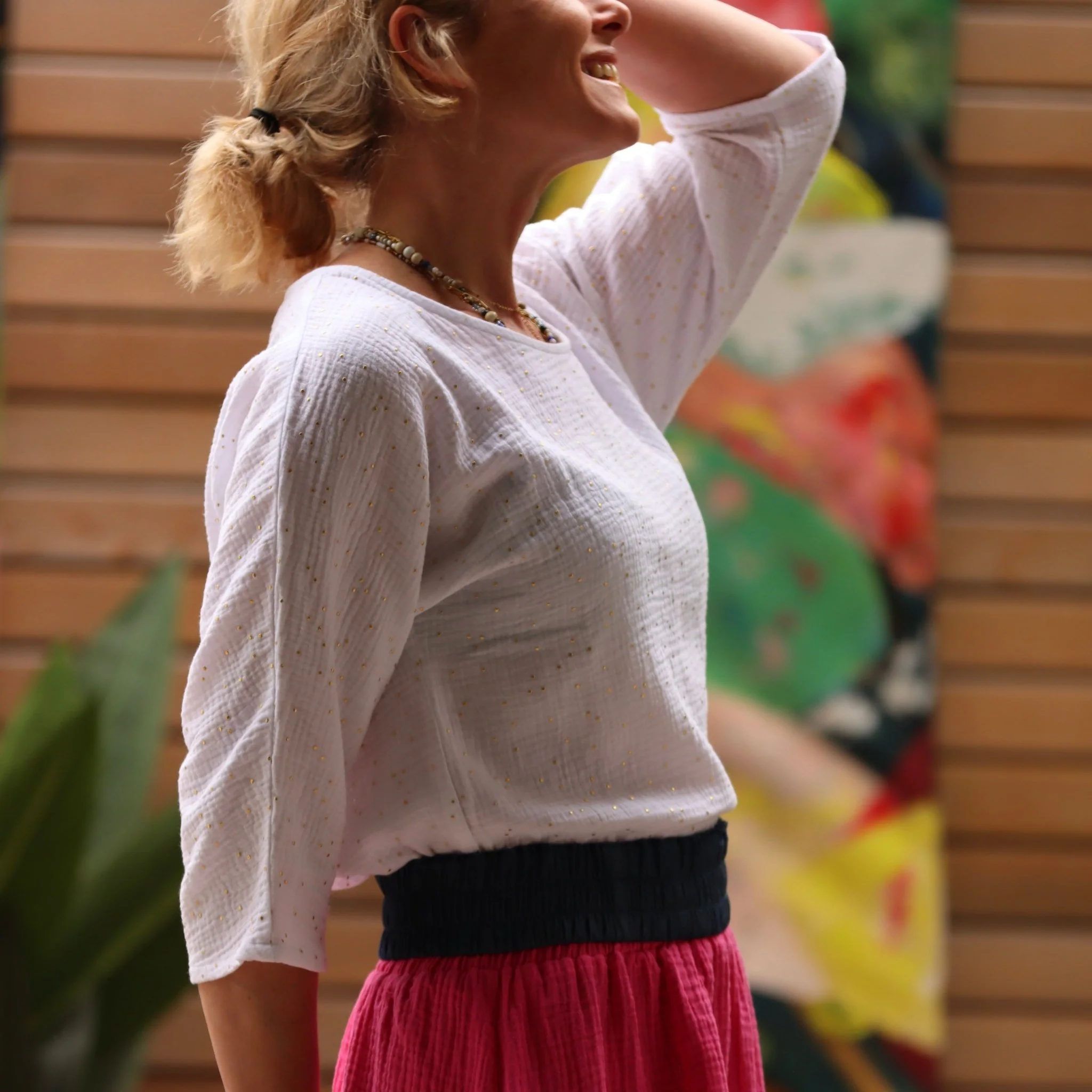 Jupe longue rose fushia gaze de coton Gaïa - Quintessence - Image 15