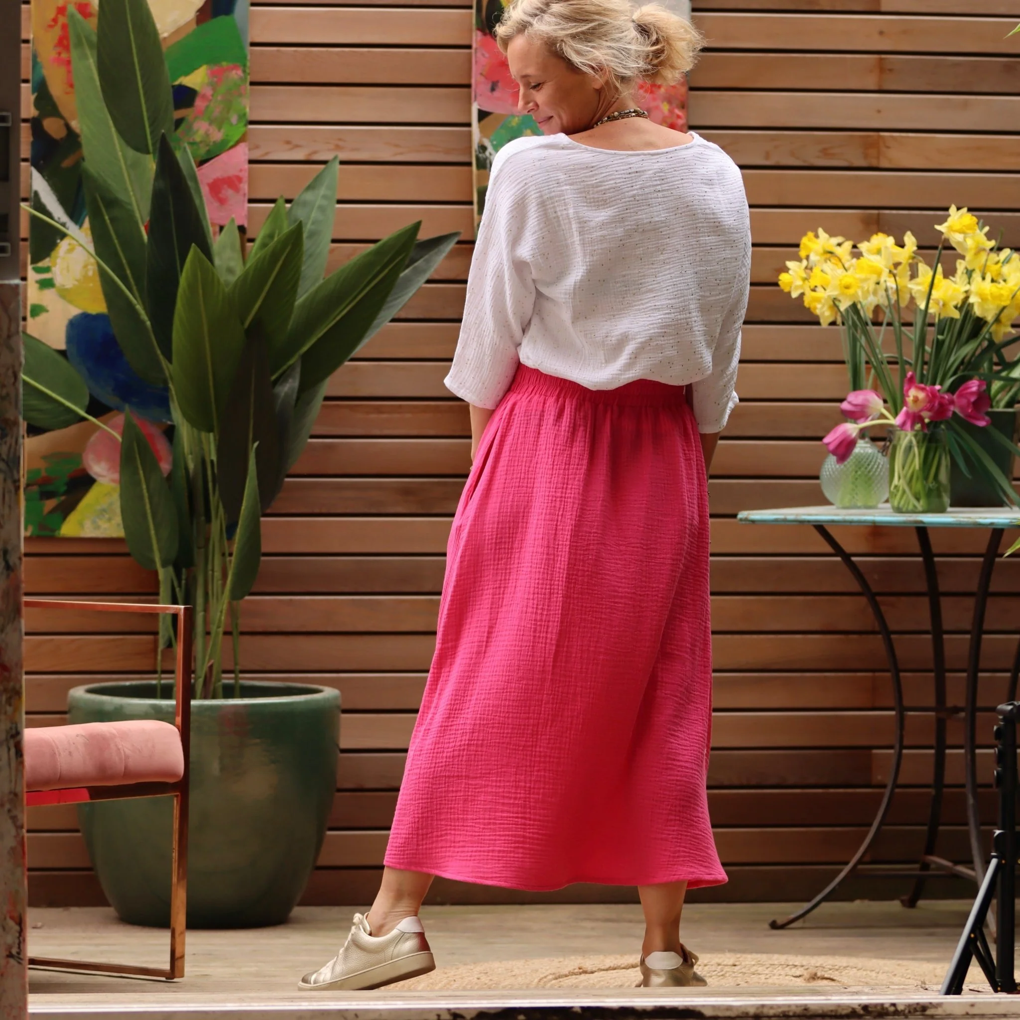Jupe longue rose fushia gaze de coton Gaïa - Quintessence - Image 7