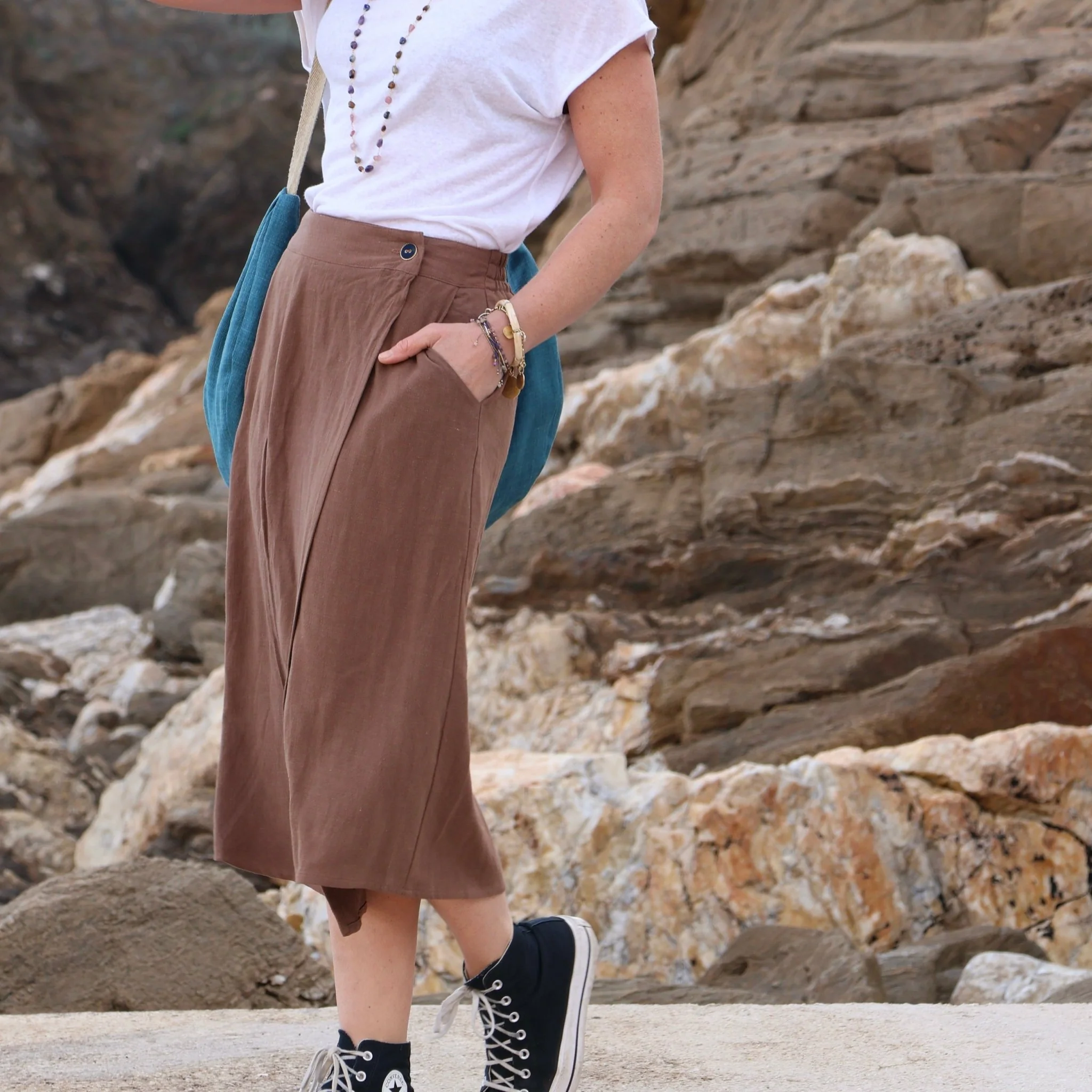 Jupe portefeuille Alexia viscose/lin chocolat
