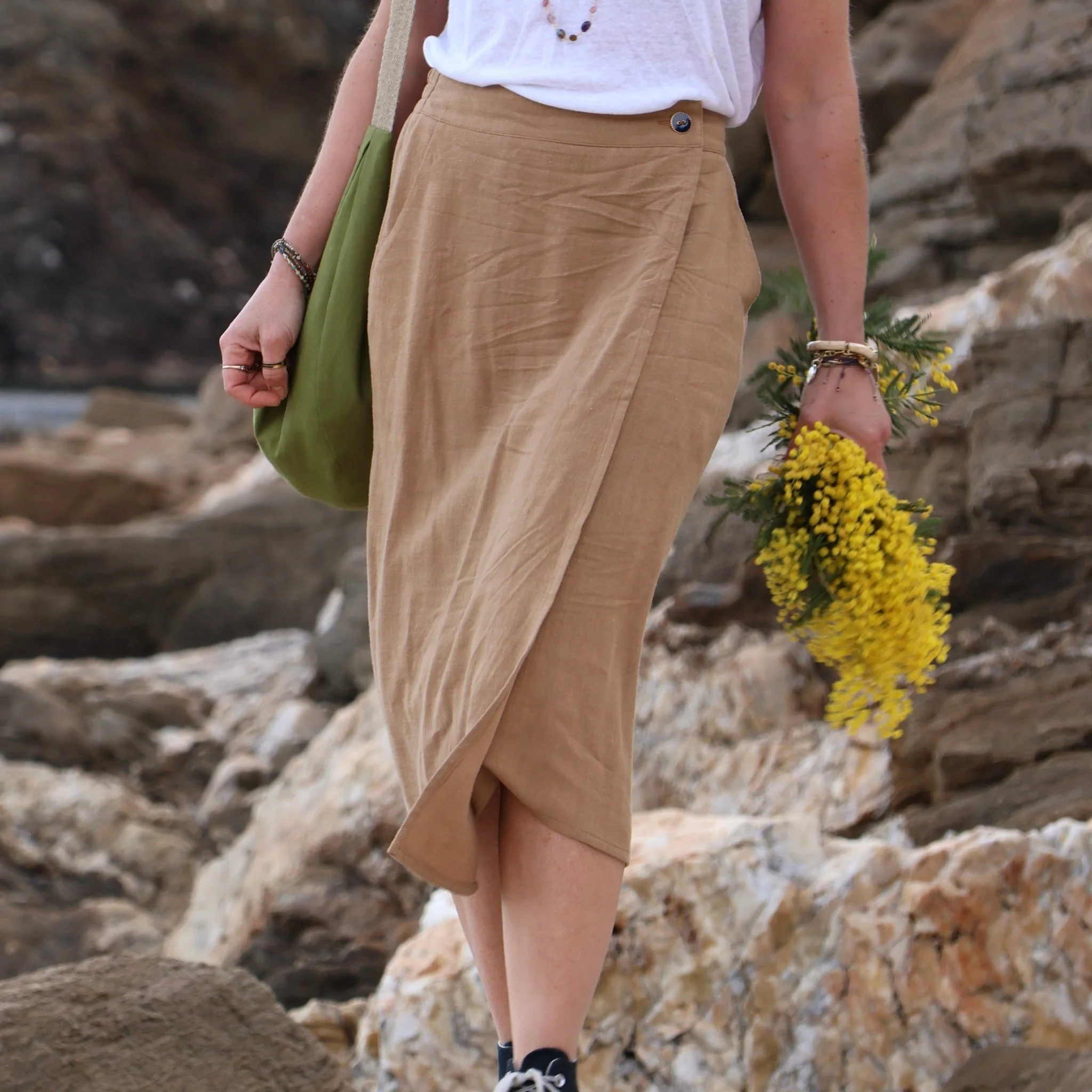 Jupe portefeuille Alexia viscose/lin camel