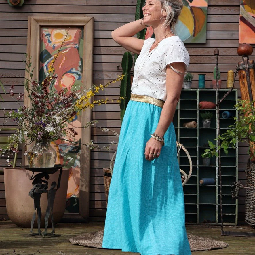 Jupe Rachelle double gaze de coton tie & dye turquoise - 90cm de hauteur - Image 6