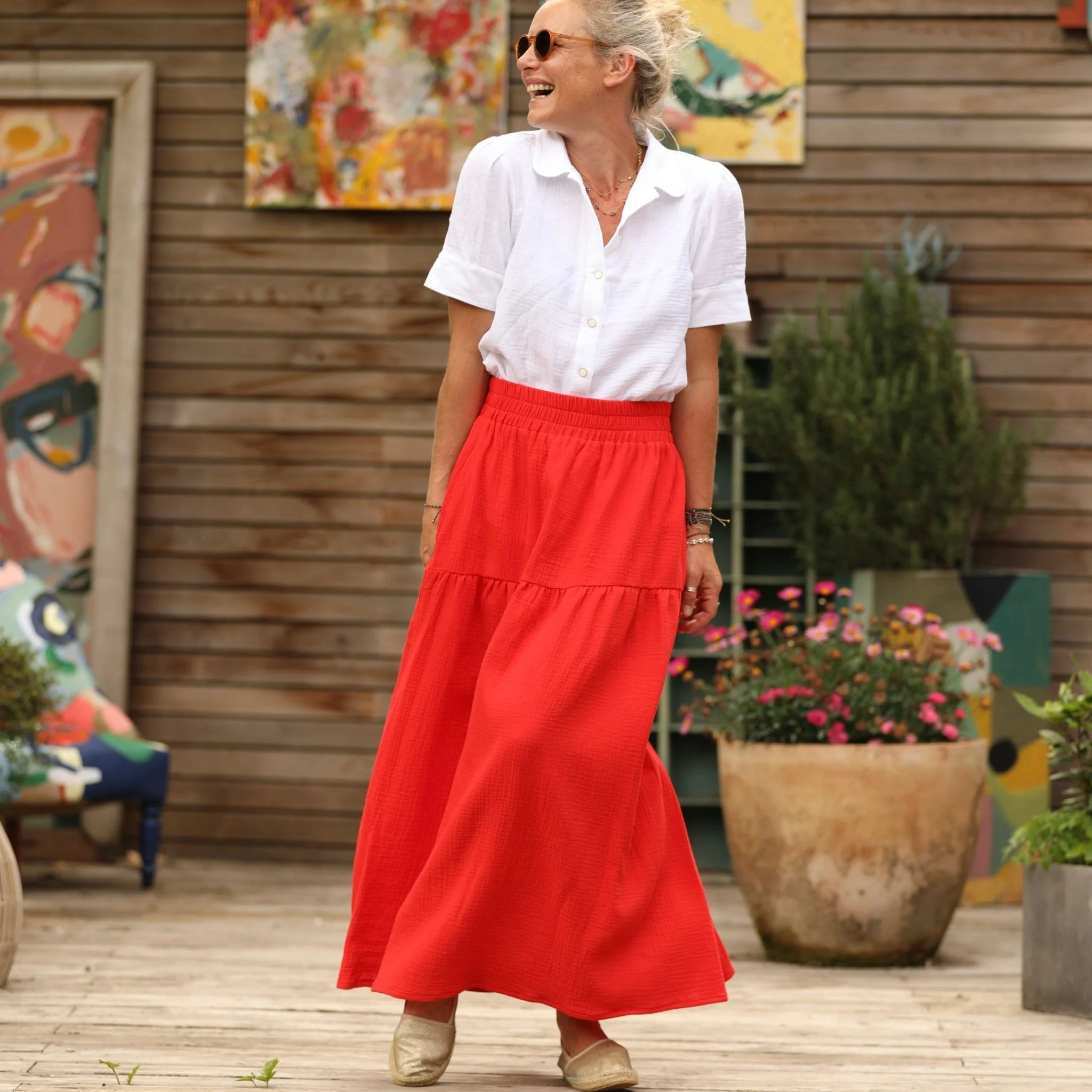 Jupe Sarah - double gaze de coton rouge coquelicot