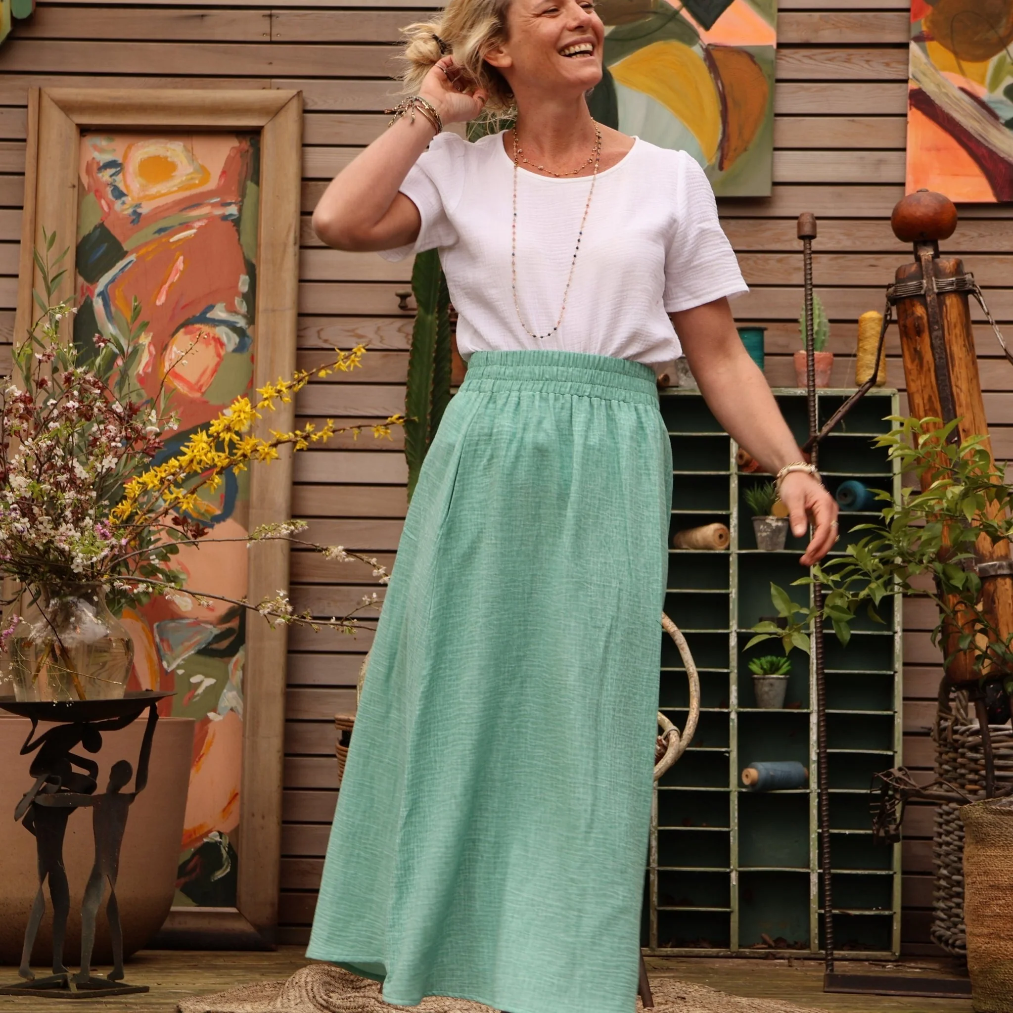 Jupe Tao double gaze de coton tie & dye vert doux - 92cm de hauteur - Image 5
