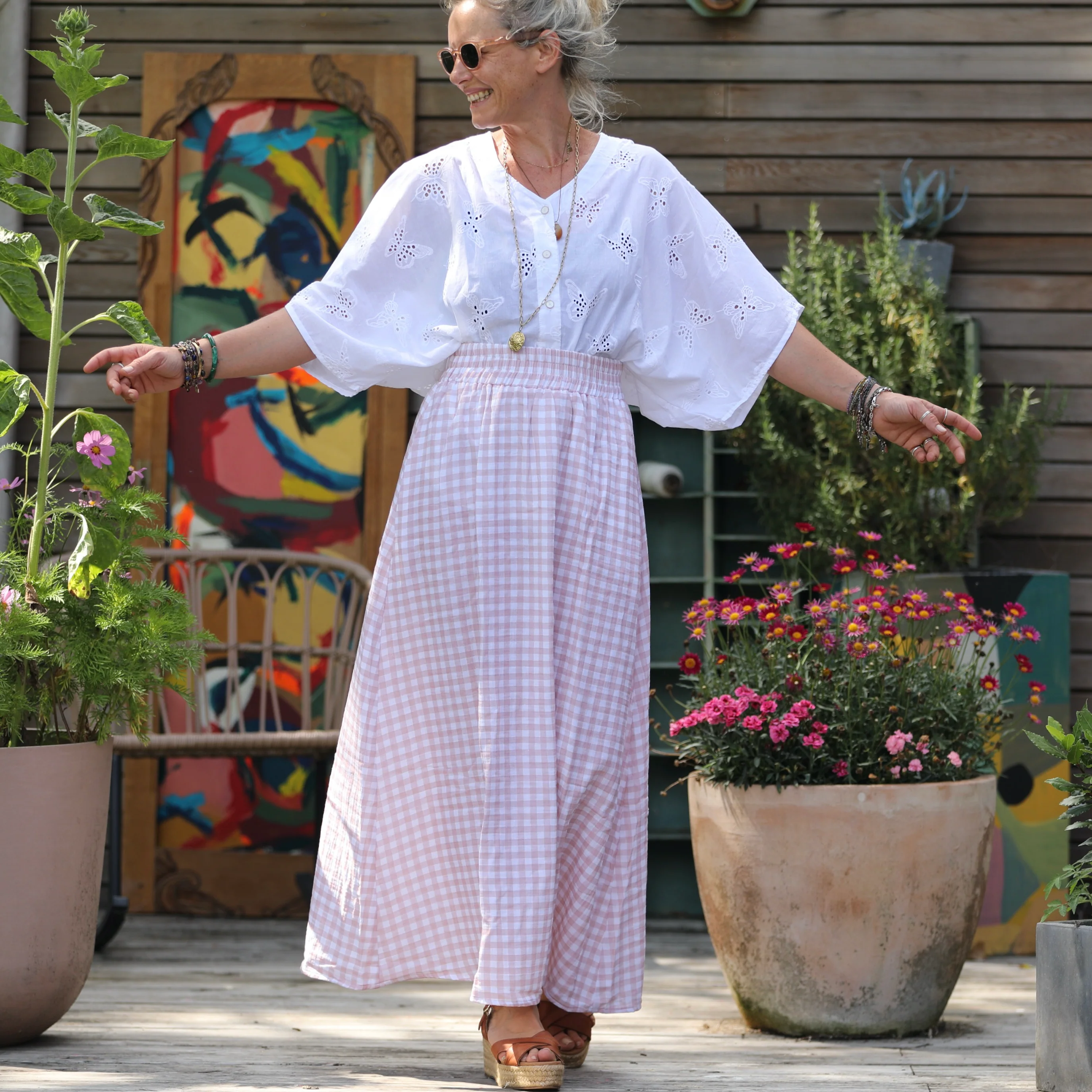 Jupe Tao double gaze de coton vichy rose poudré - 102cm de hauteur