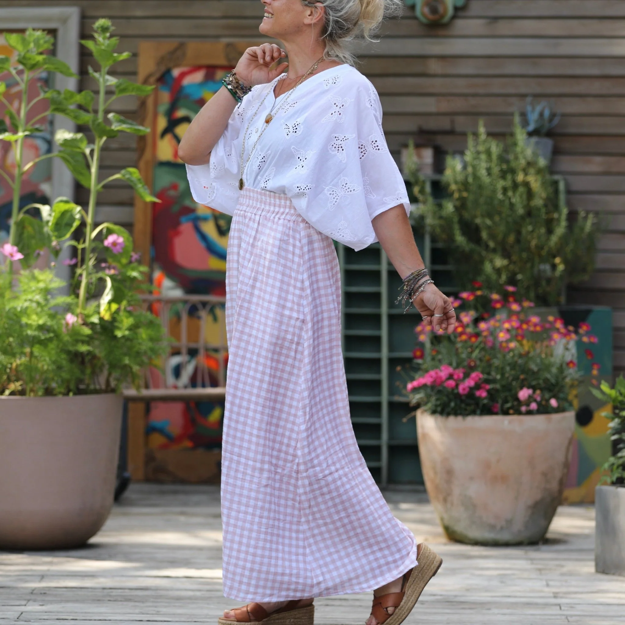 Jupe Tao double gaze de coton vichy rose poudré - 102cm de hauteur - Image 7