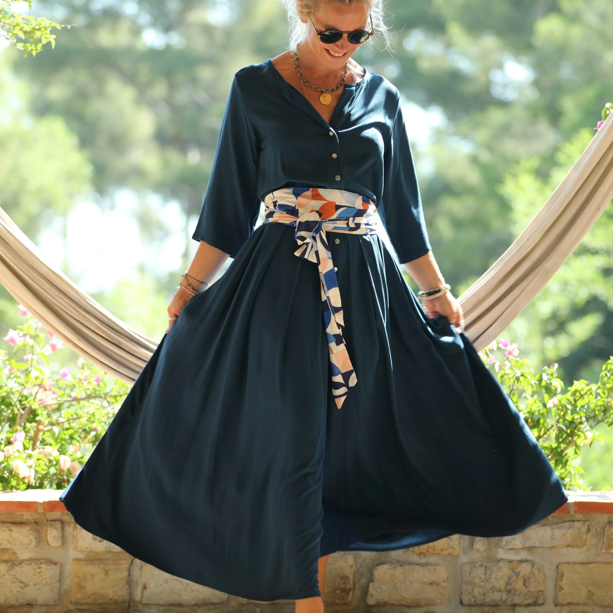 La combi India manches 3/4 en viscose bleu indigo