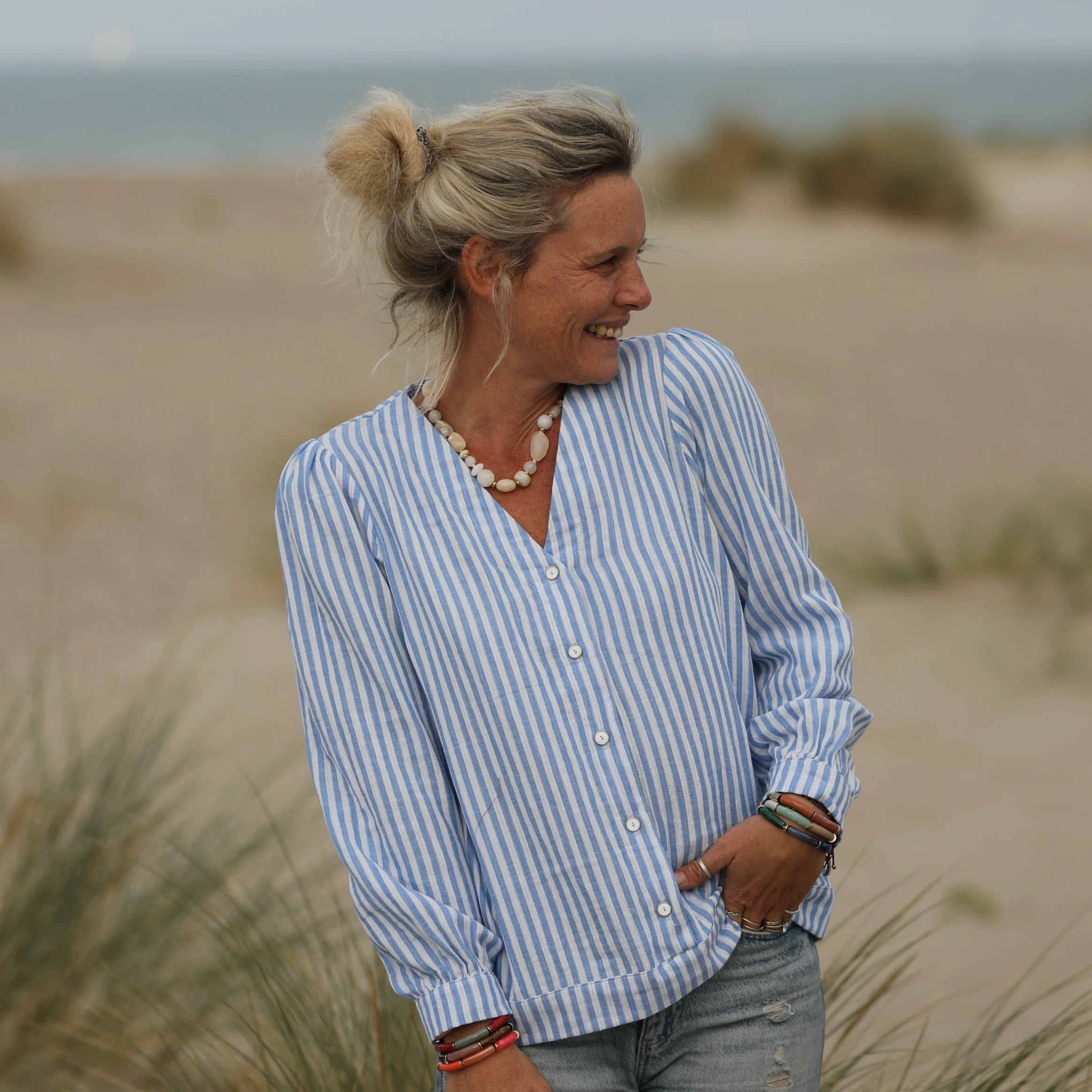 Blouse Léocadie - double gaze de coton rayé bleu/blanc - Image 10