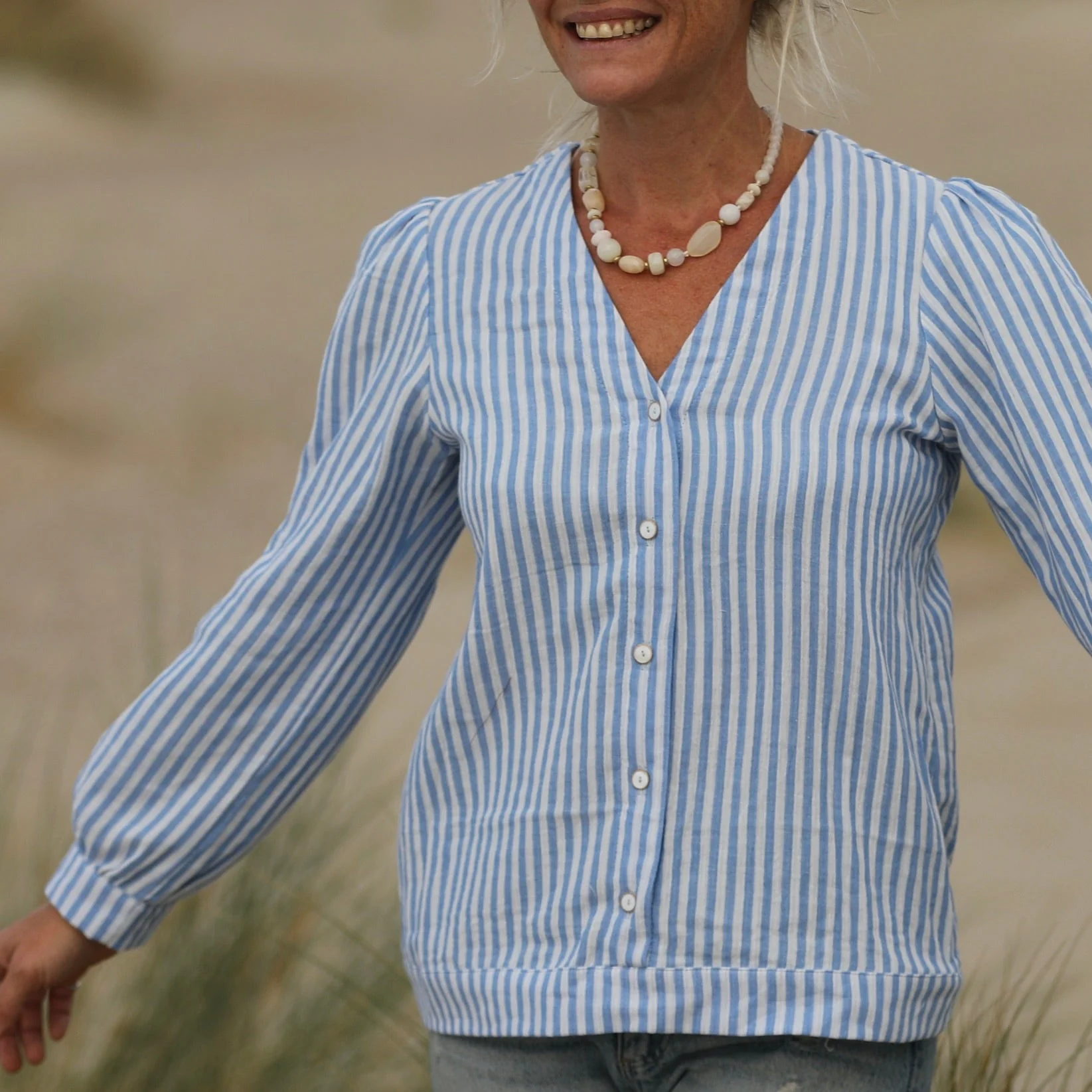 Blouse Léocadie - double gaze de coton rayé bleu/blanc - Image 11