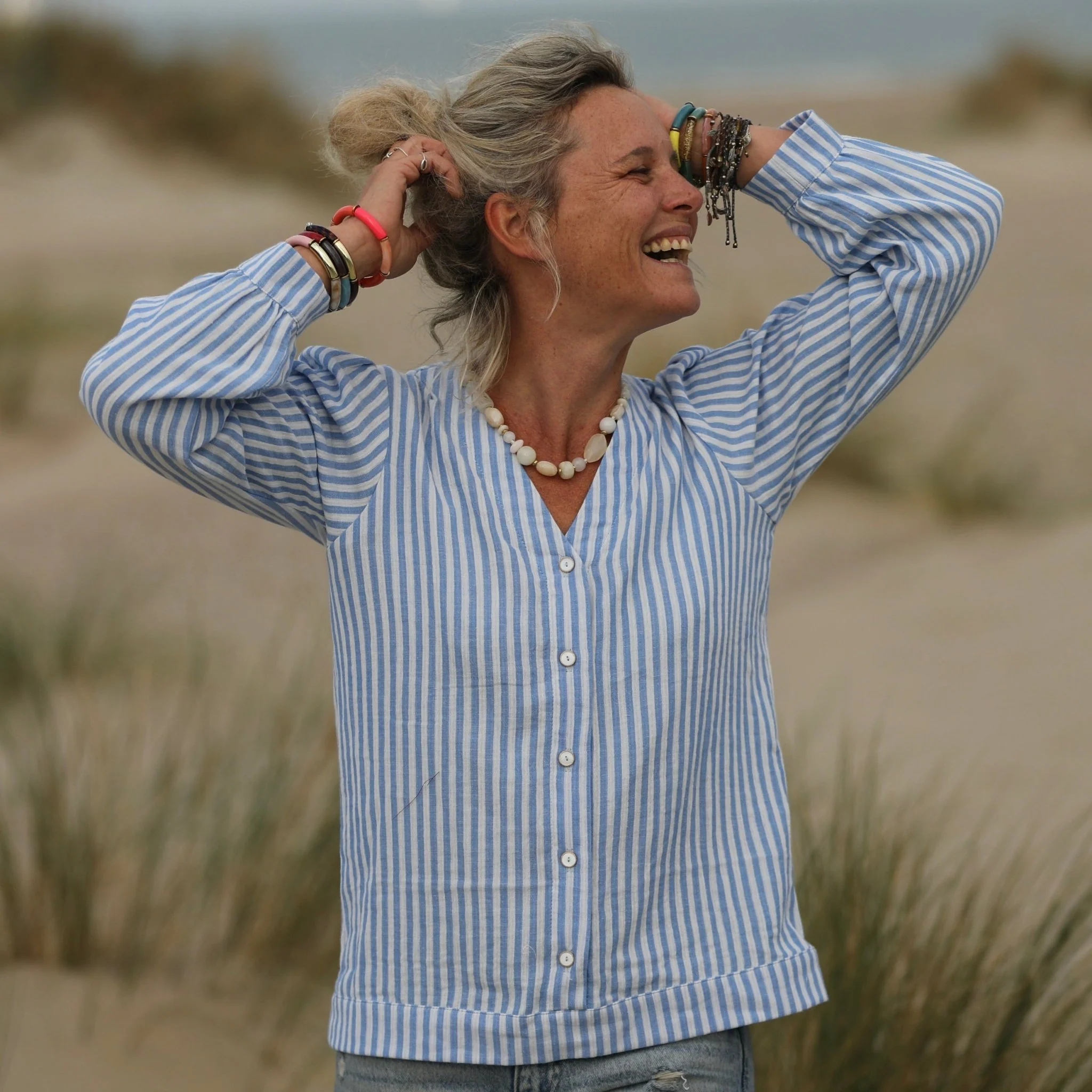 Blouse Léocadie - double gaze de coton rayé bleu/blanc - Image 6