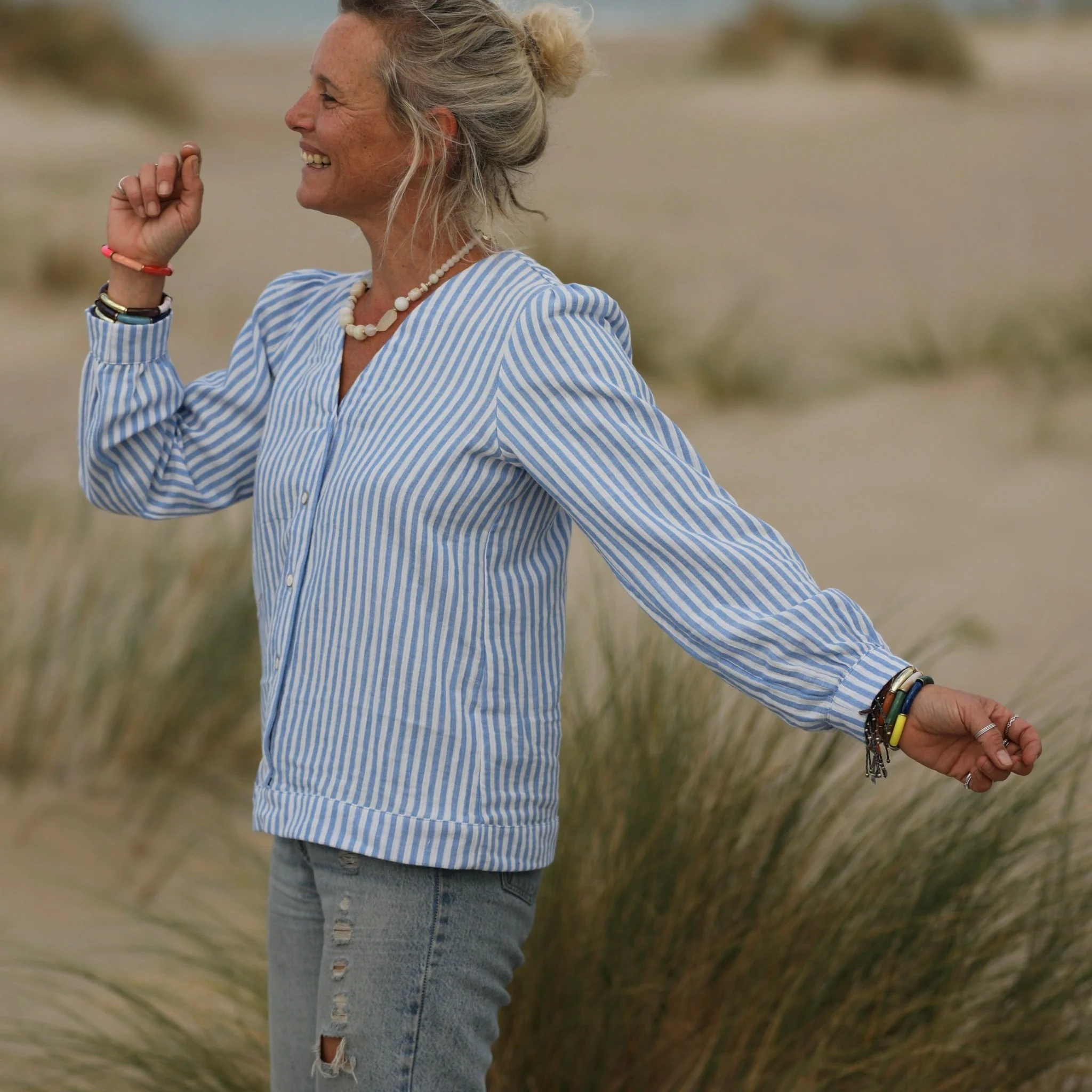 Blouse Léocadie - double gaze de coton rayé bleu/blanc - Image 7