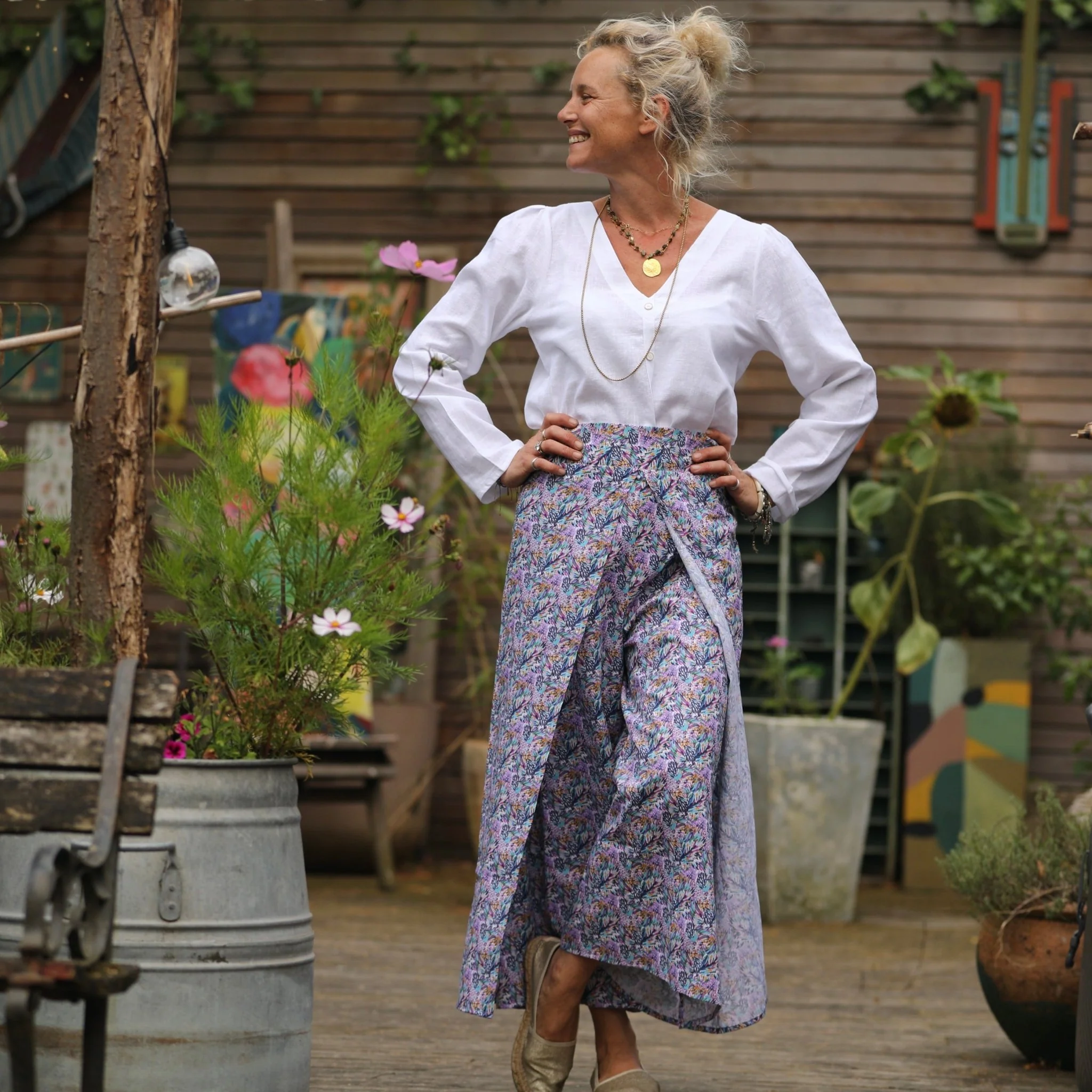 Pantalon drapé Mathilde - coton champêtre violine - Image 5
