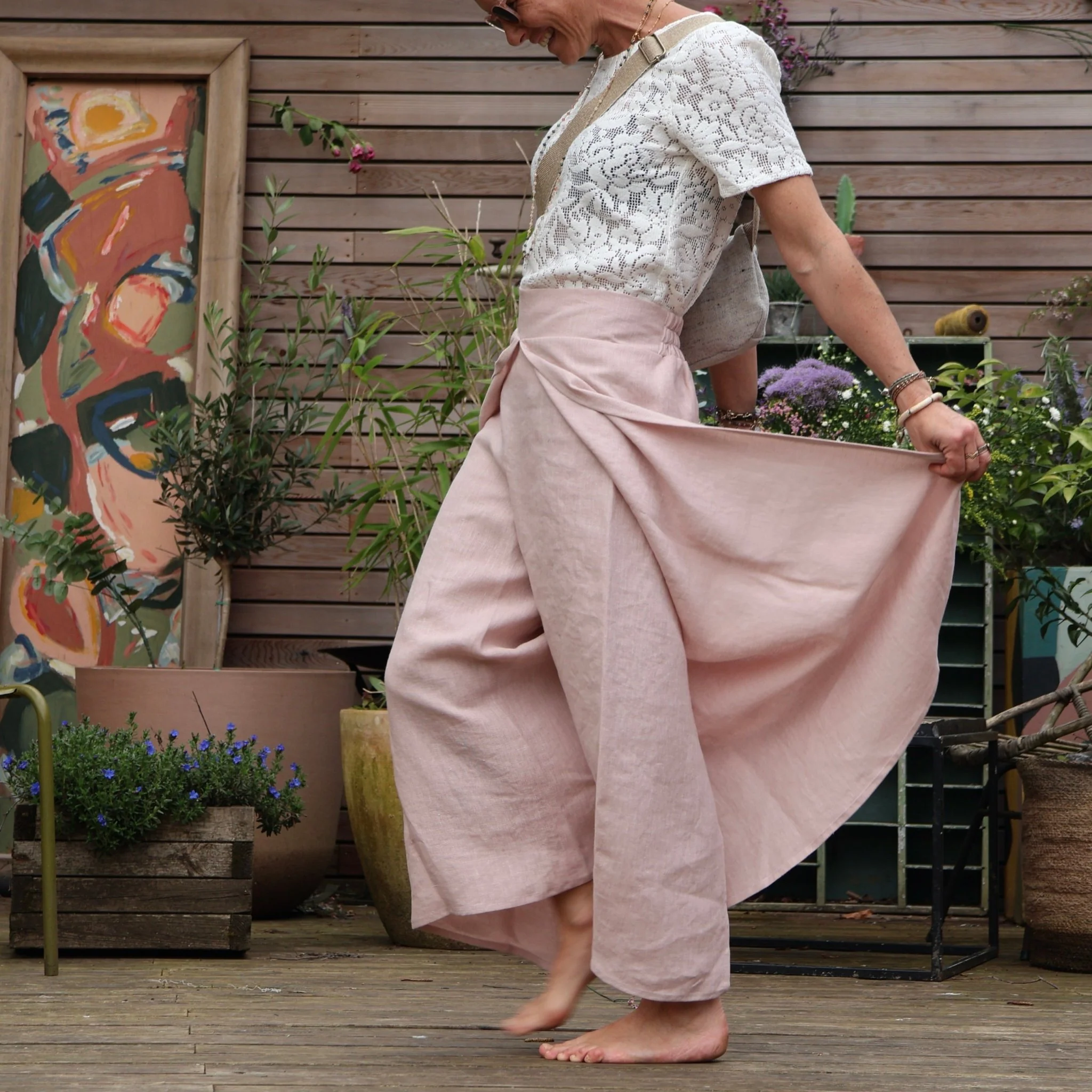 Pantalon drapé Mathilde - lin rose poudré