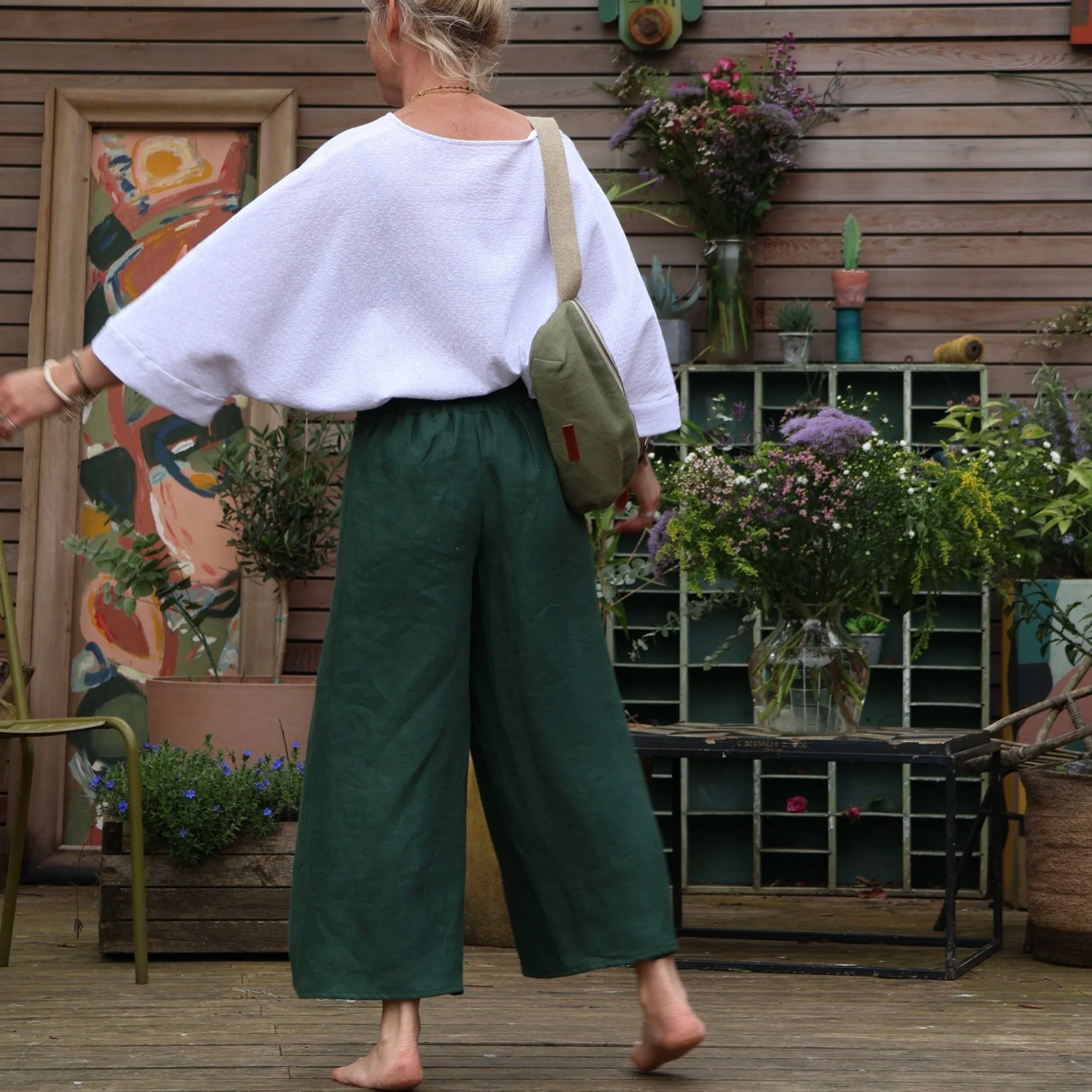 Pantalon drapé Mathilde - lin vert anglais - Image 4