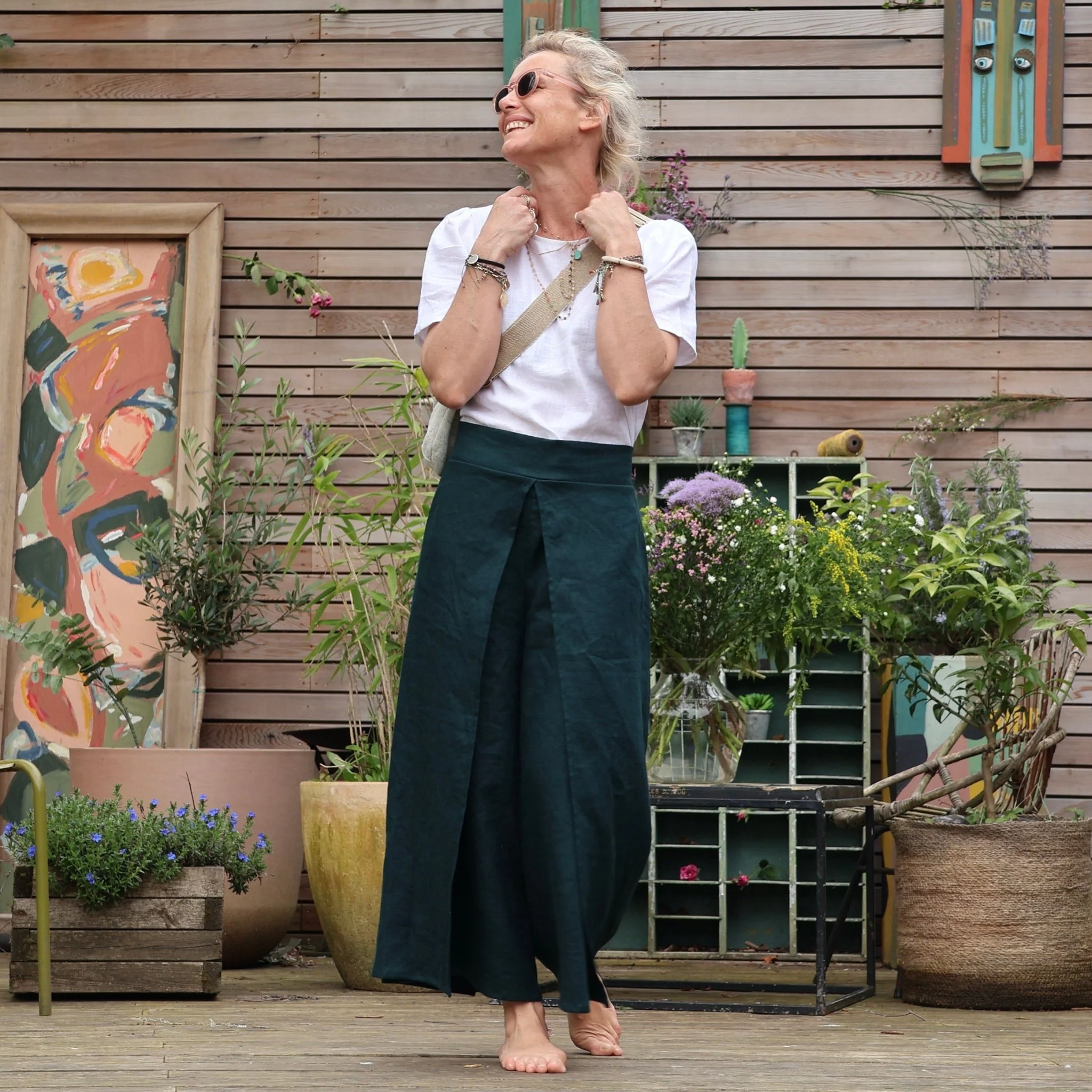 Pantalon drapé Mathilde - lin vert émeraude - Image 5
