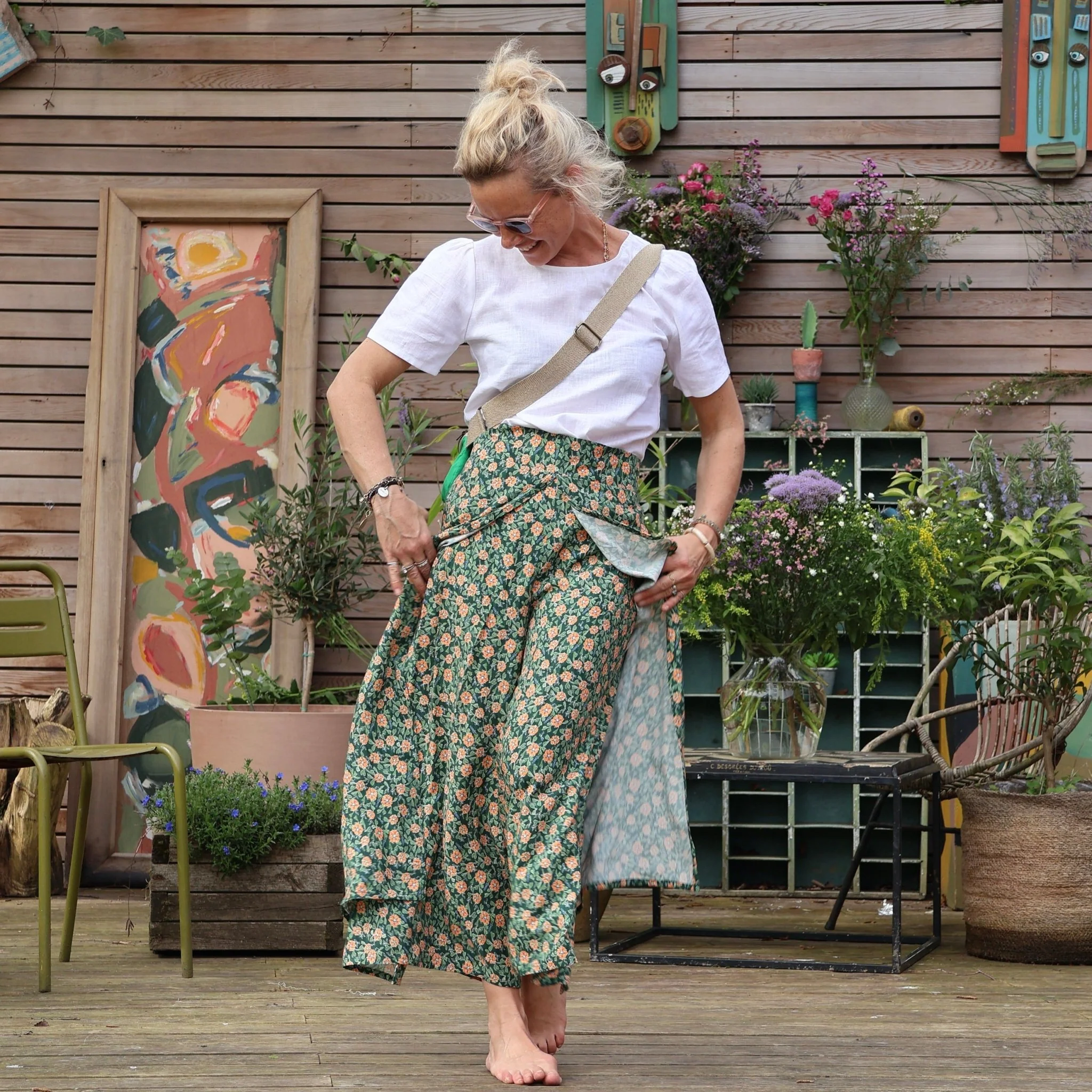 Pantalon drapé Mathilde - viscose fleuri vert orangé