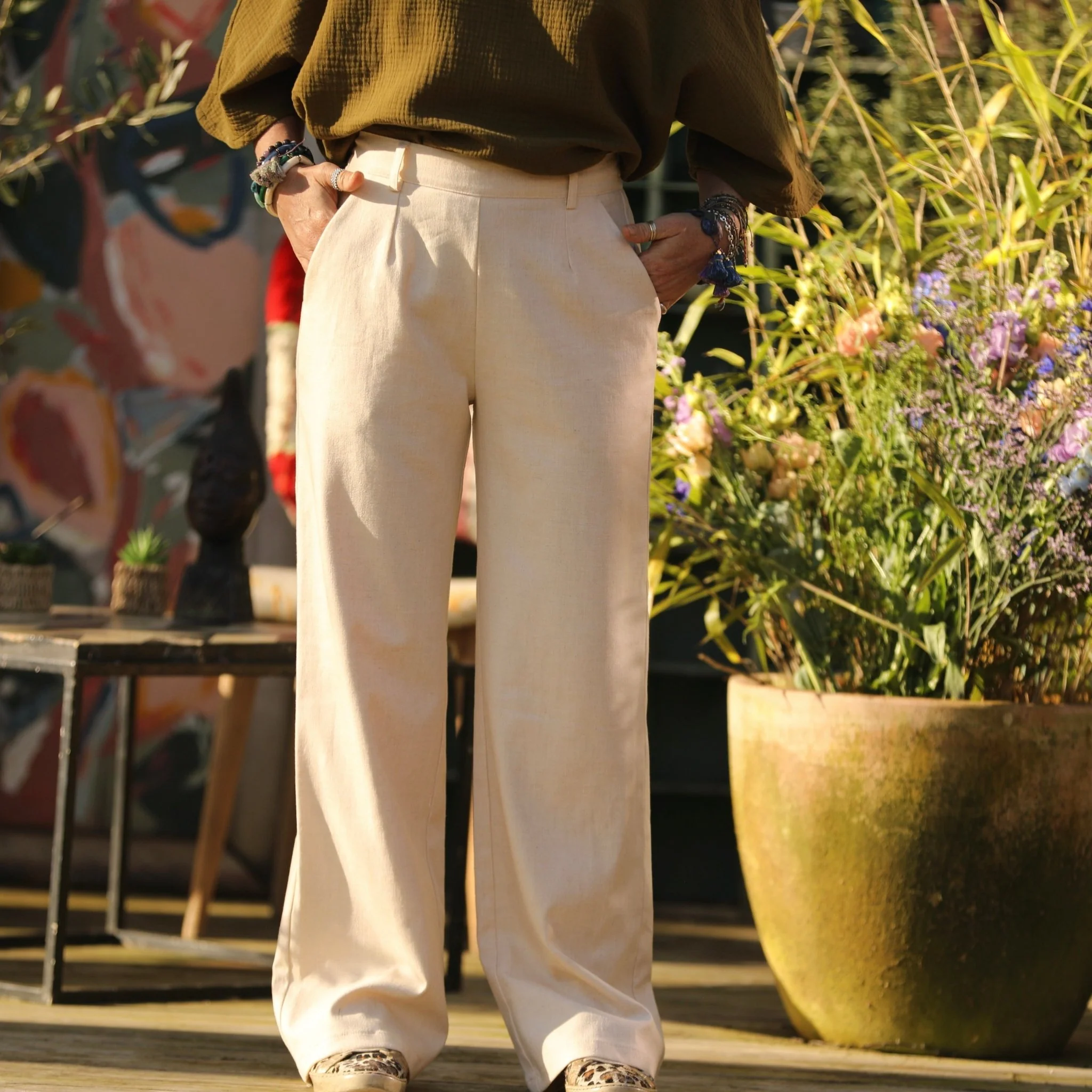 Pantalon Nestor coton/lin ivoire