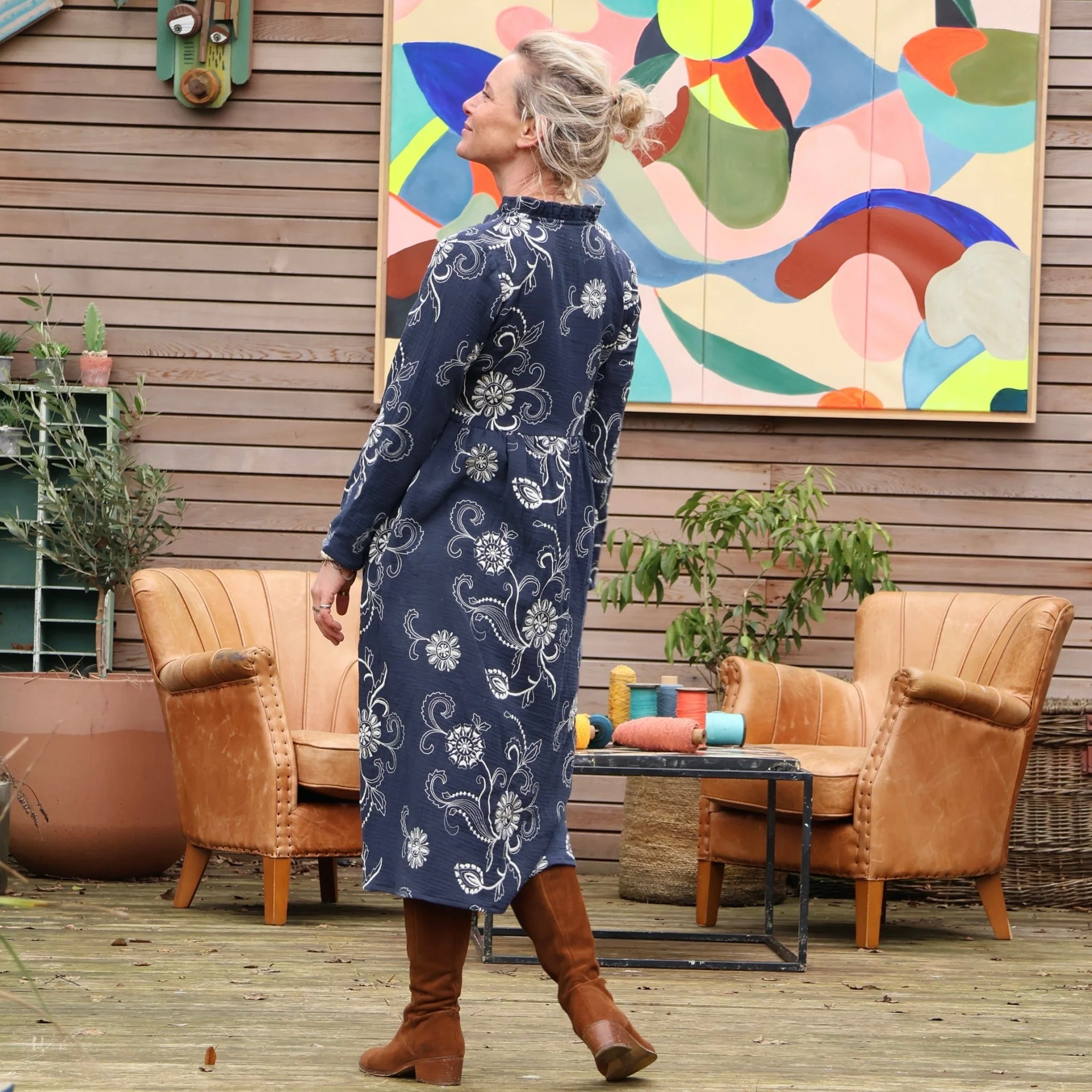 Robe Aria - double gaze de coton brodée bleu marine - Image 3