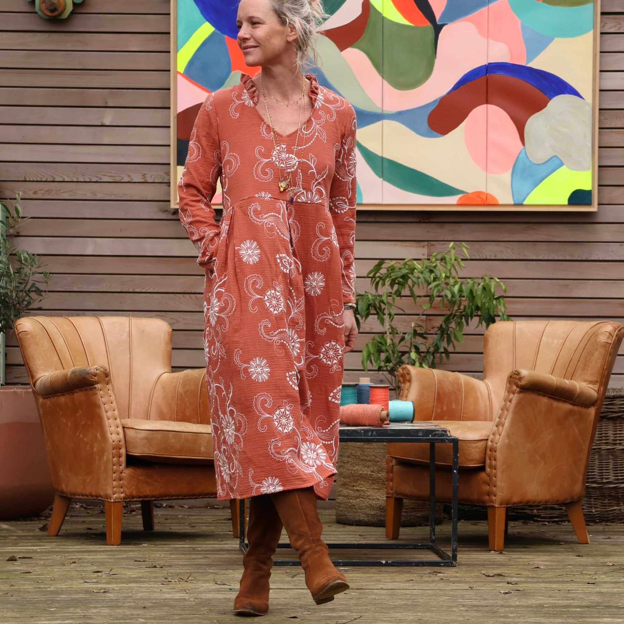 Robe Aria - double gaze de coton brodée terracotta - Image 6