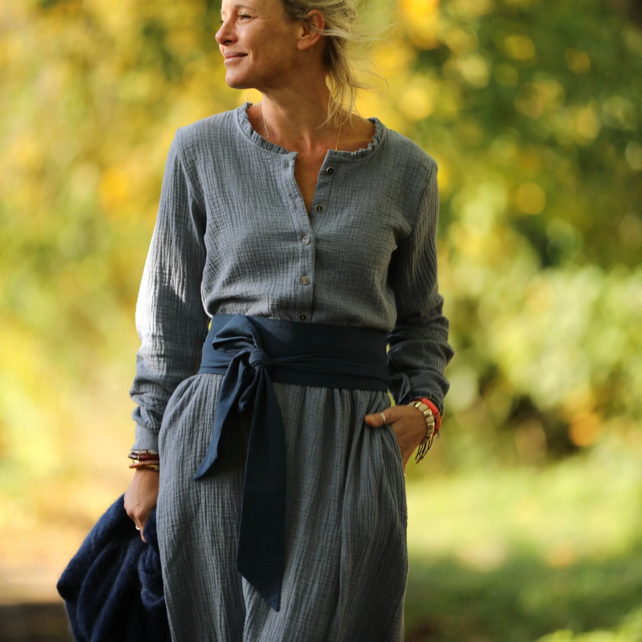 Robe Aurélia - Double gaze de coton bleu chiné - Image 8
