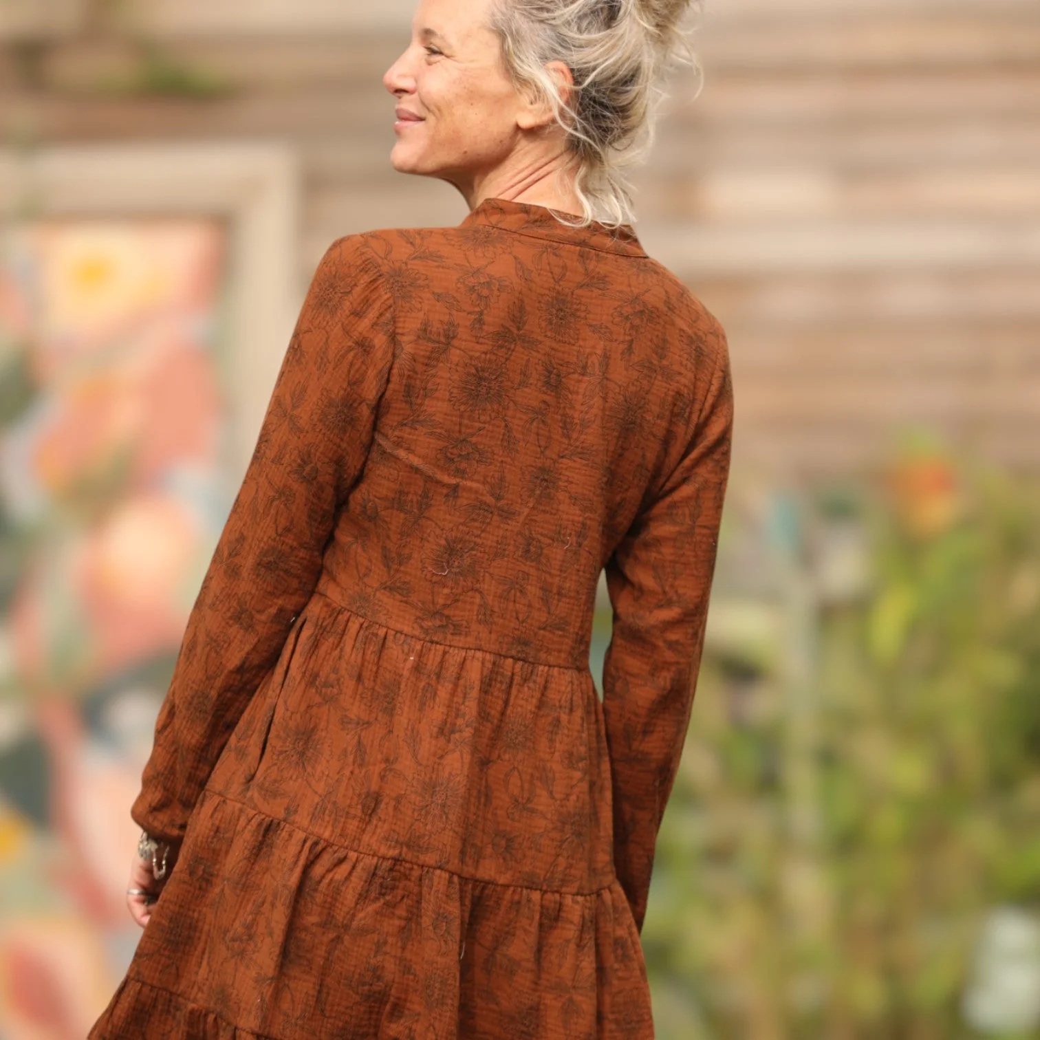 Robe Bella - double gaze de coton fleuri caramel - Image 4