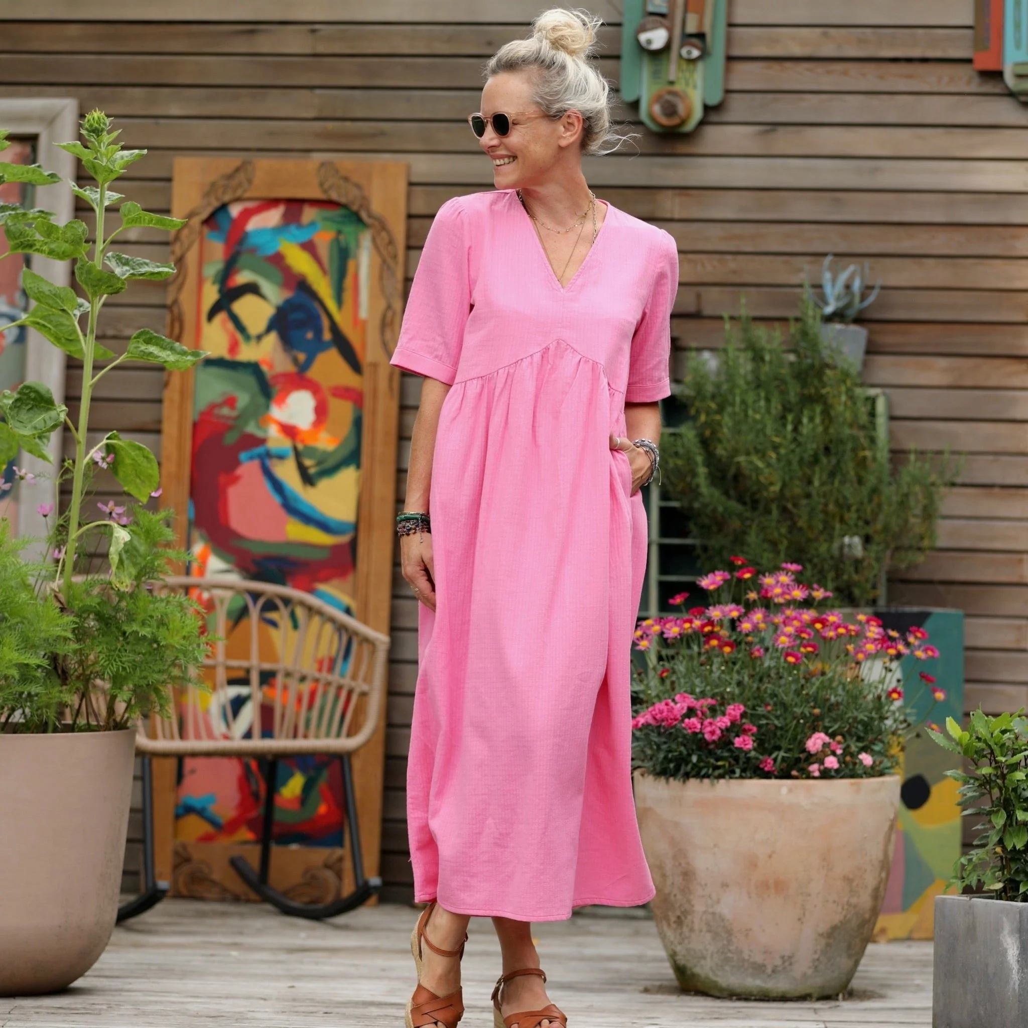 Robe Edonie - bel armuré de coton rose fluo