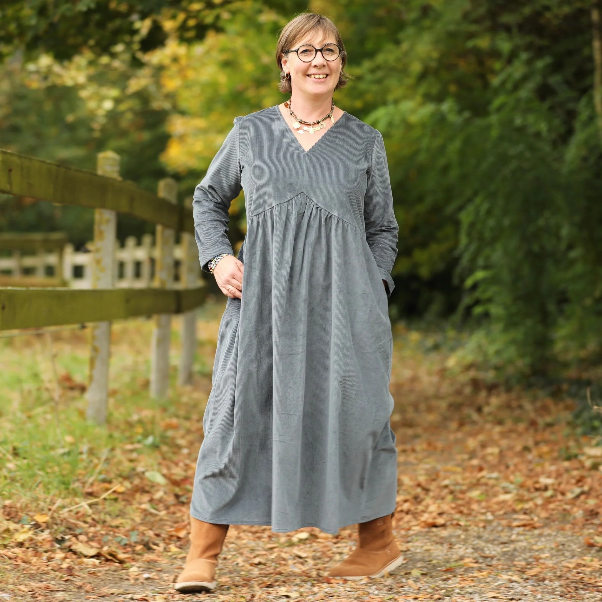 Robe Edonie manches longues - Velours côtelé bleu grisé - Image 11