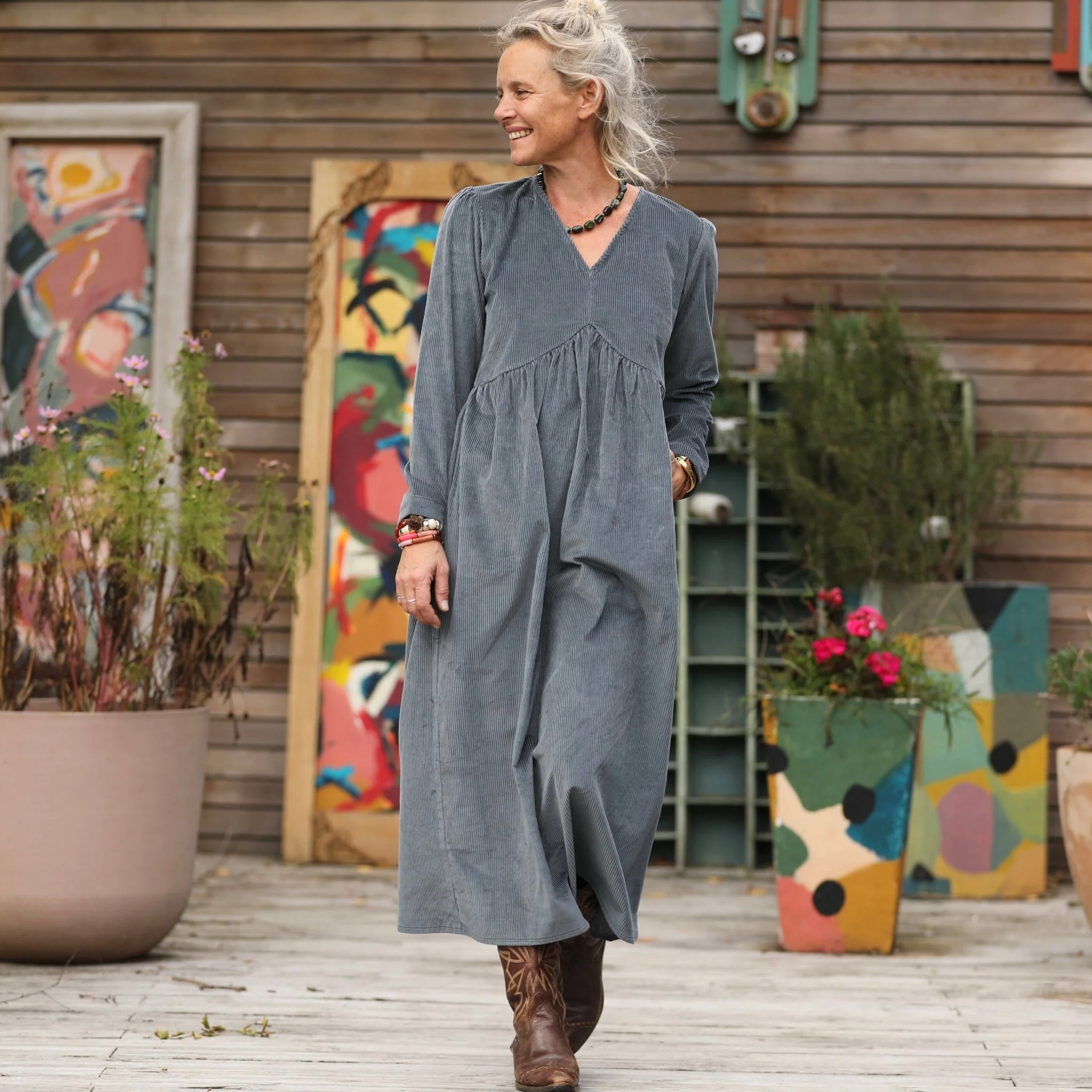 Robe Edonie manches longues - Velours côtelé bleu grisé - Image 13