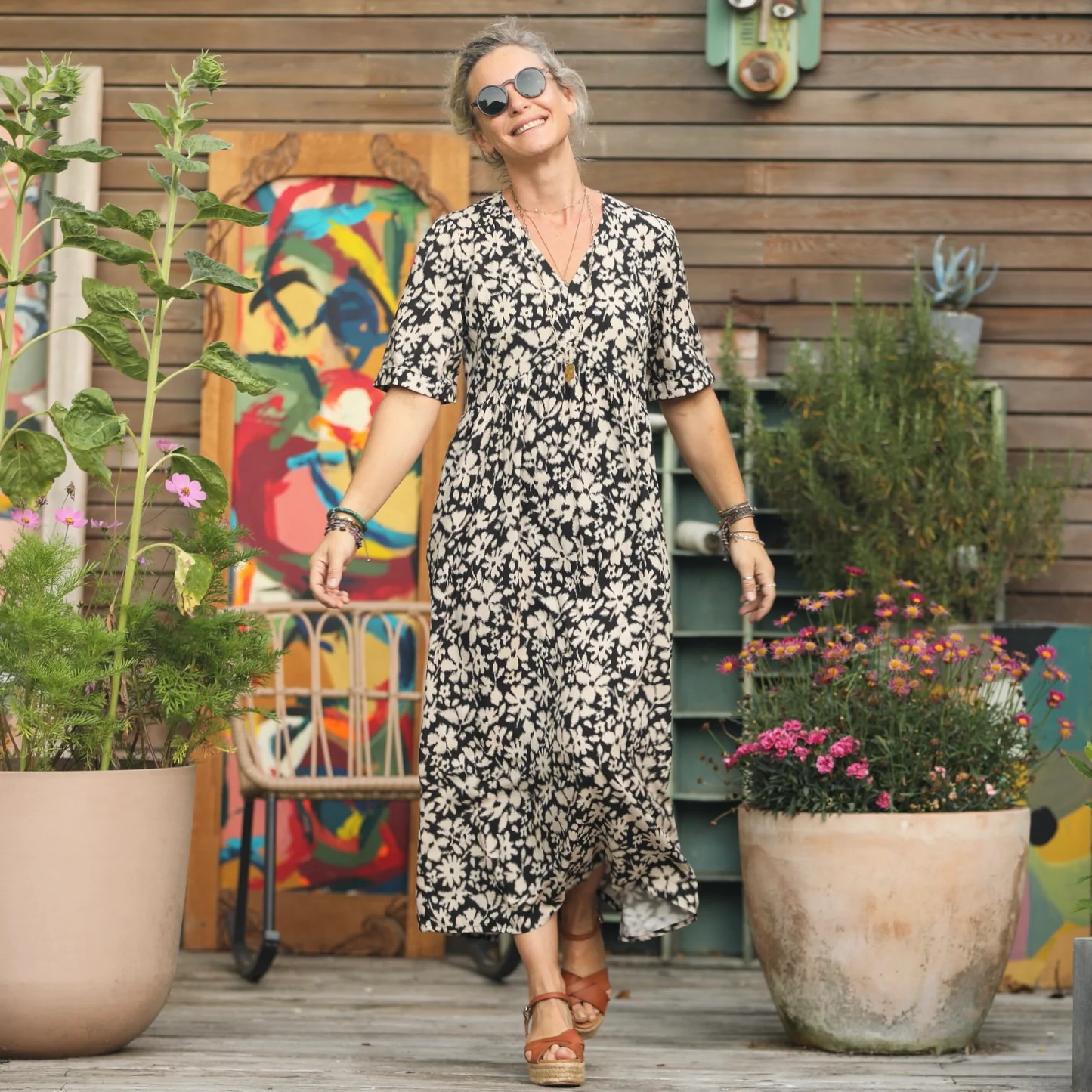Robe Edonie - viscose fleuri graphique noir/ivoire
