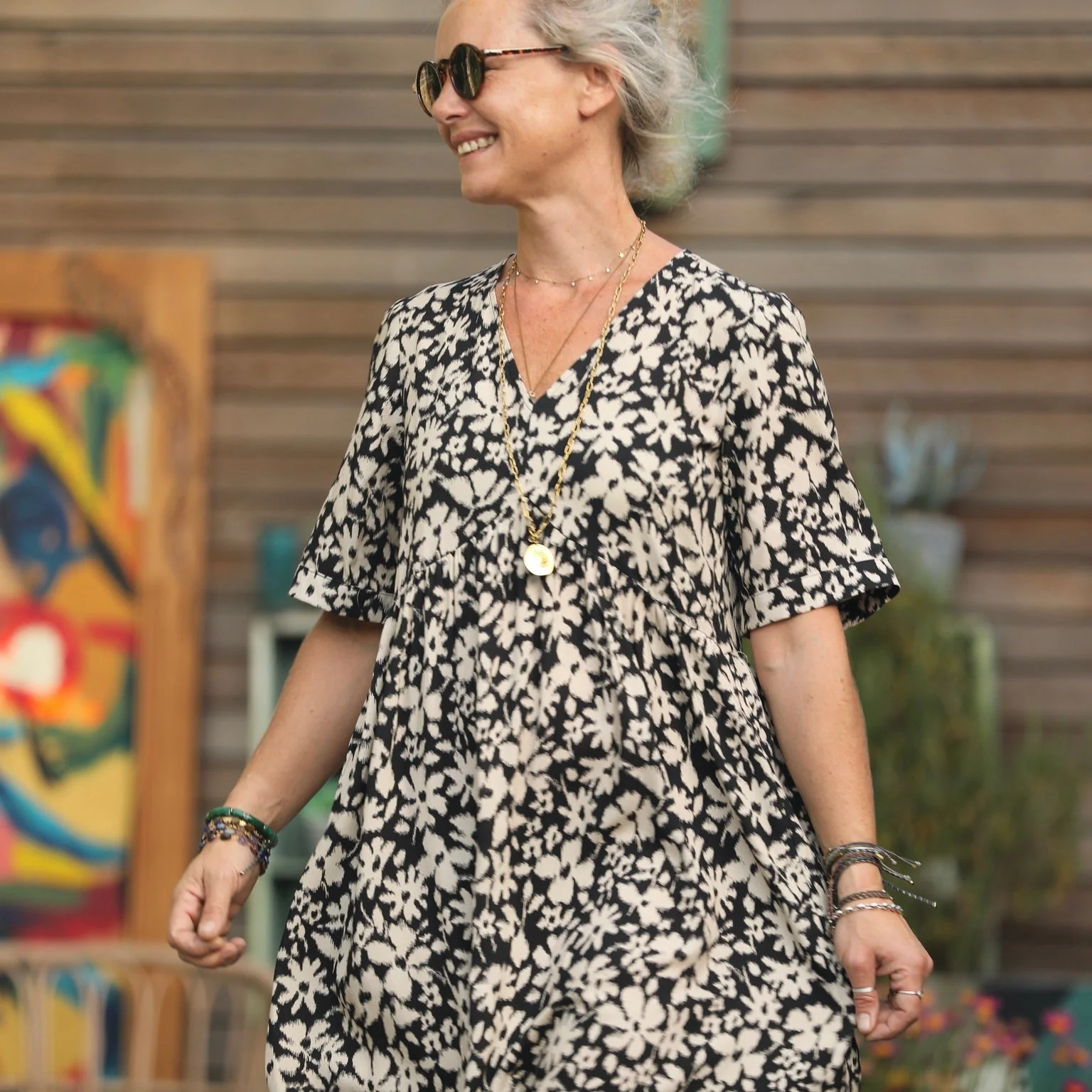 Robe Edonie - viscose fleuri graphique noir/ivoire - Image 3