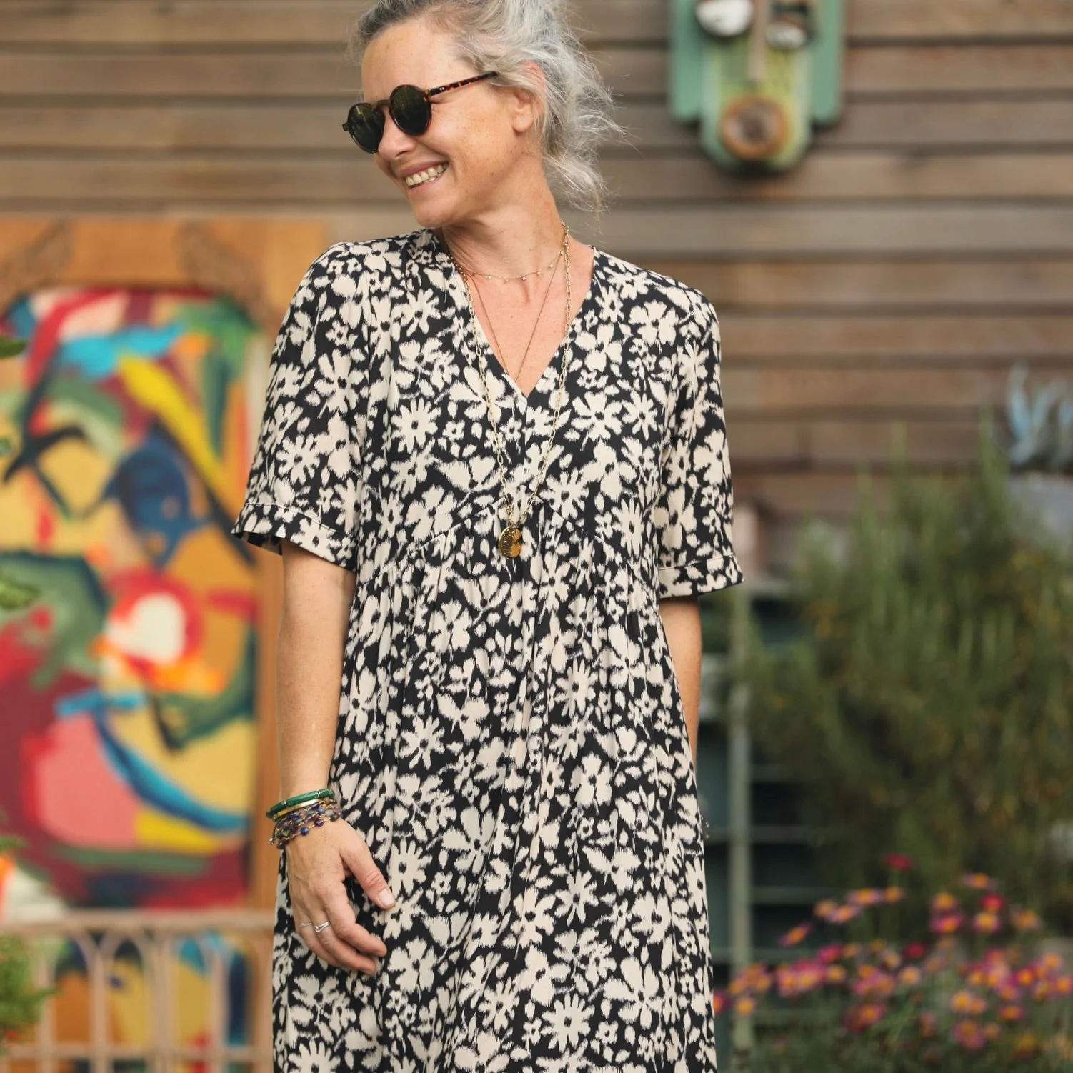 Robe Edonie - viscose fleuri graphique noir/ivoire - Image 6