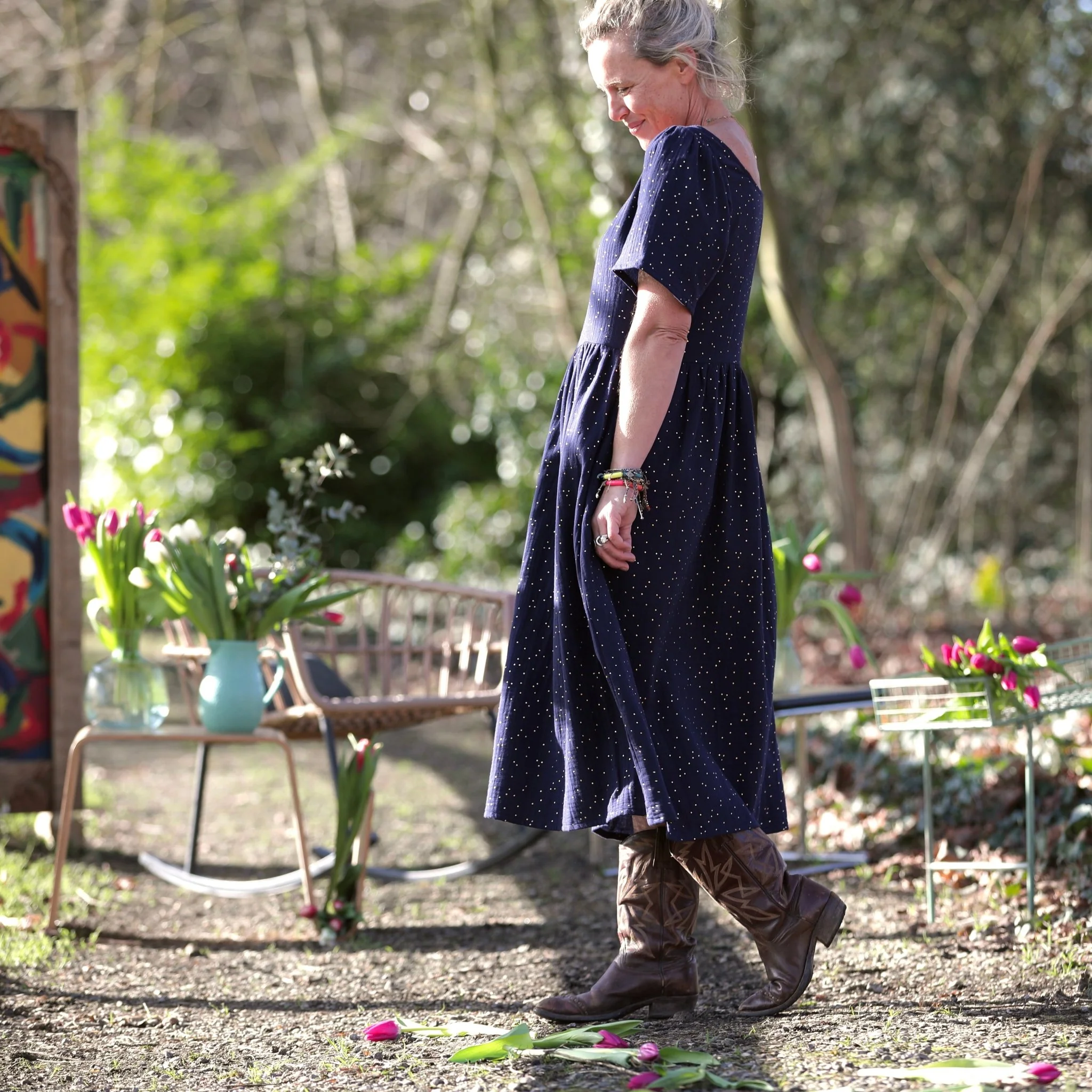 Robe Gwenaëlle - Double gaze de coton bleu nuit plumetis or - Image 12