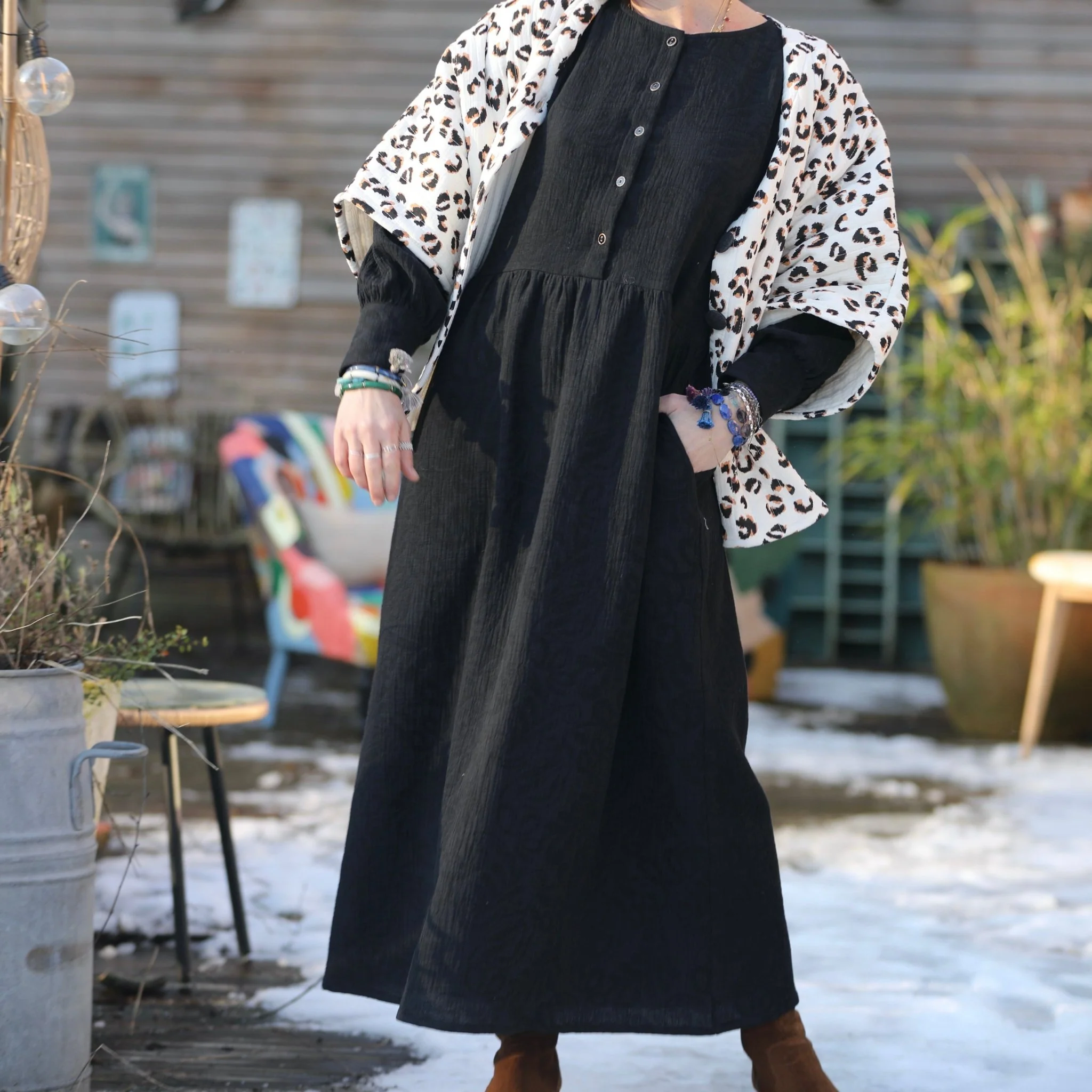 Robe Isis - jacquard coton/lin noir - Image 5