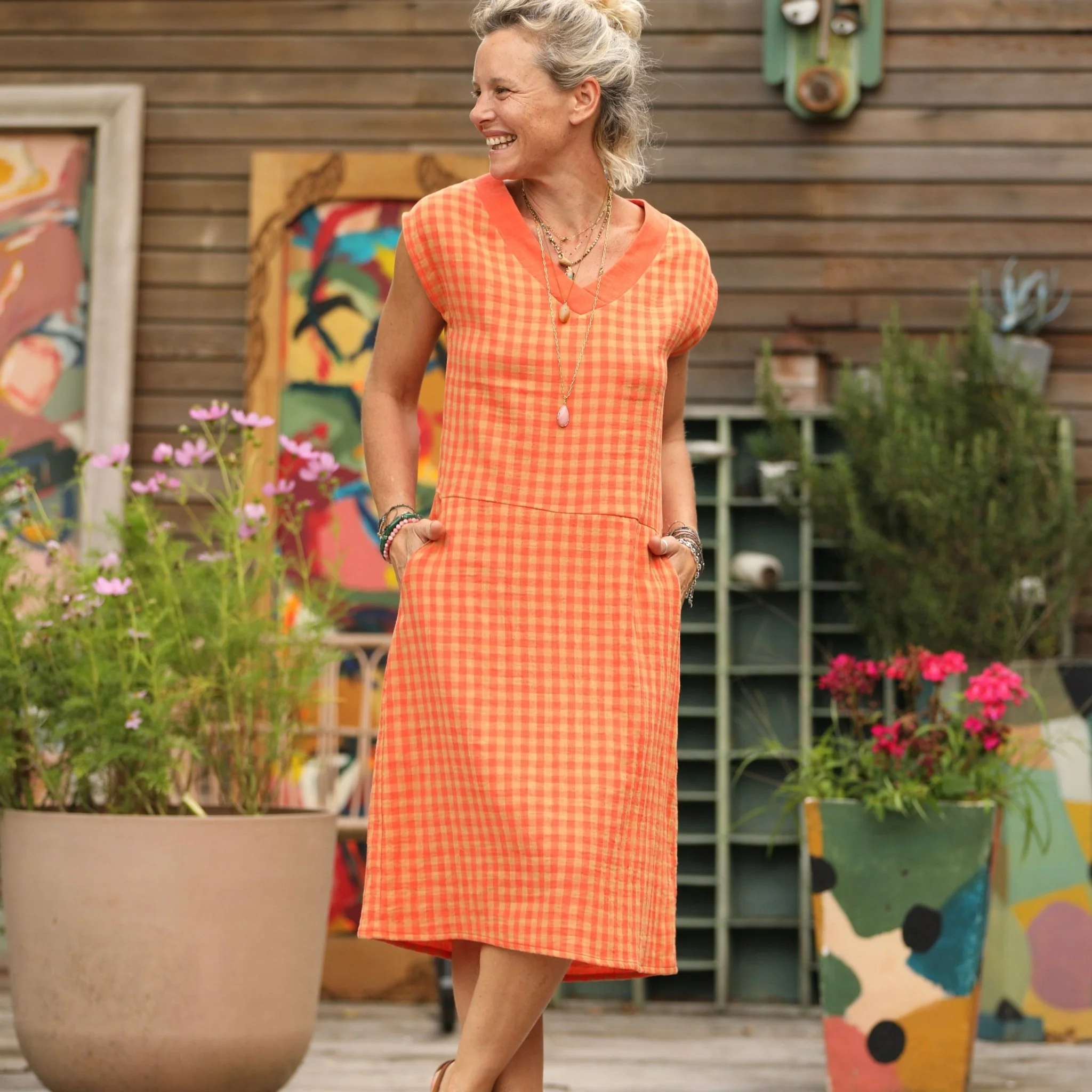 Robe Ivy - double gaze de coton à carreaux camel/orangé - Image 10