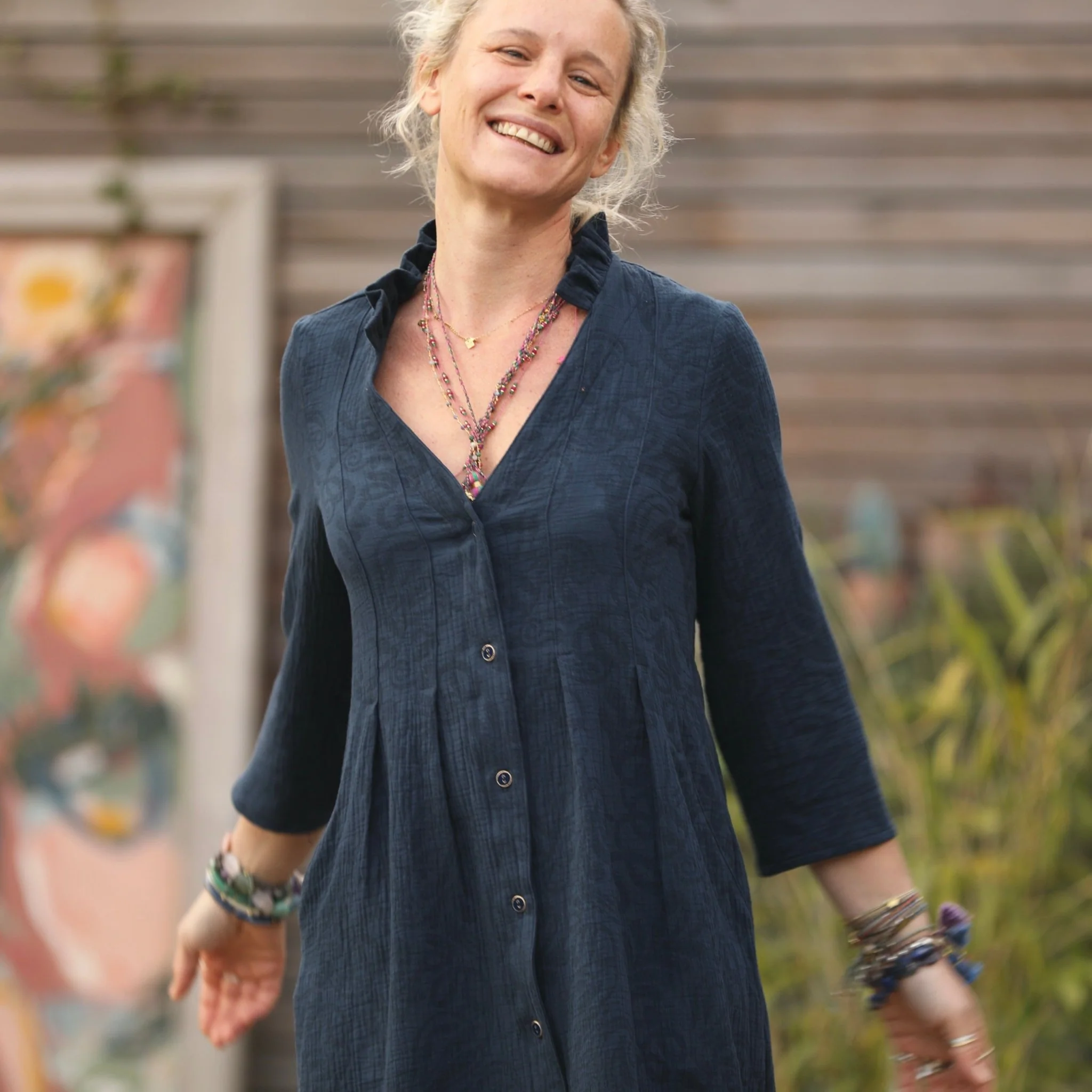 Robe Léontine en jacquard coton/lin marine - Image 7