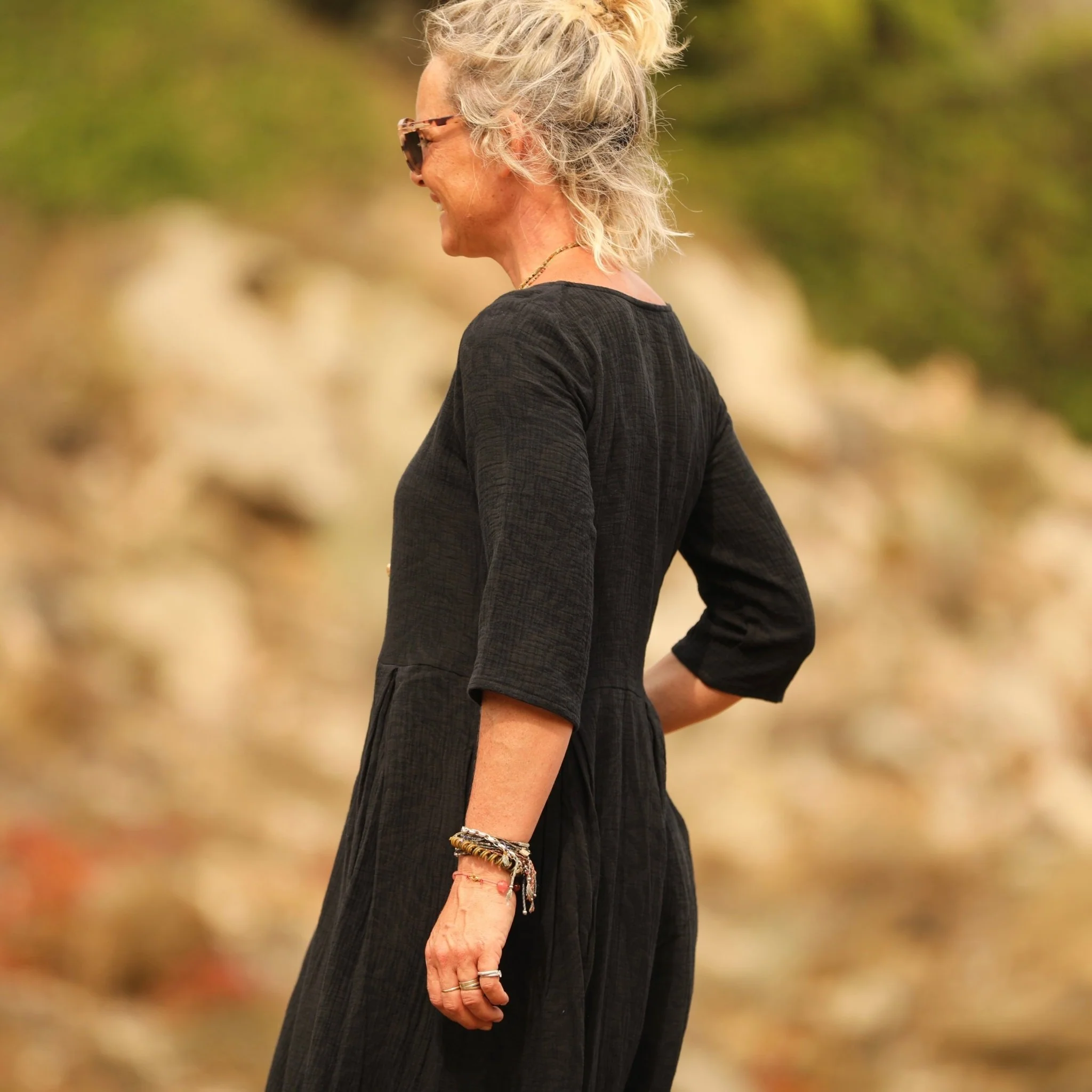 Robe Louisa - Double gaze de coton/lin jacquard fleuri noir - Image 2