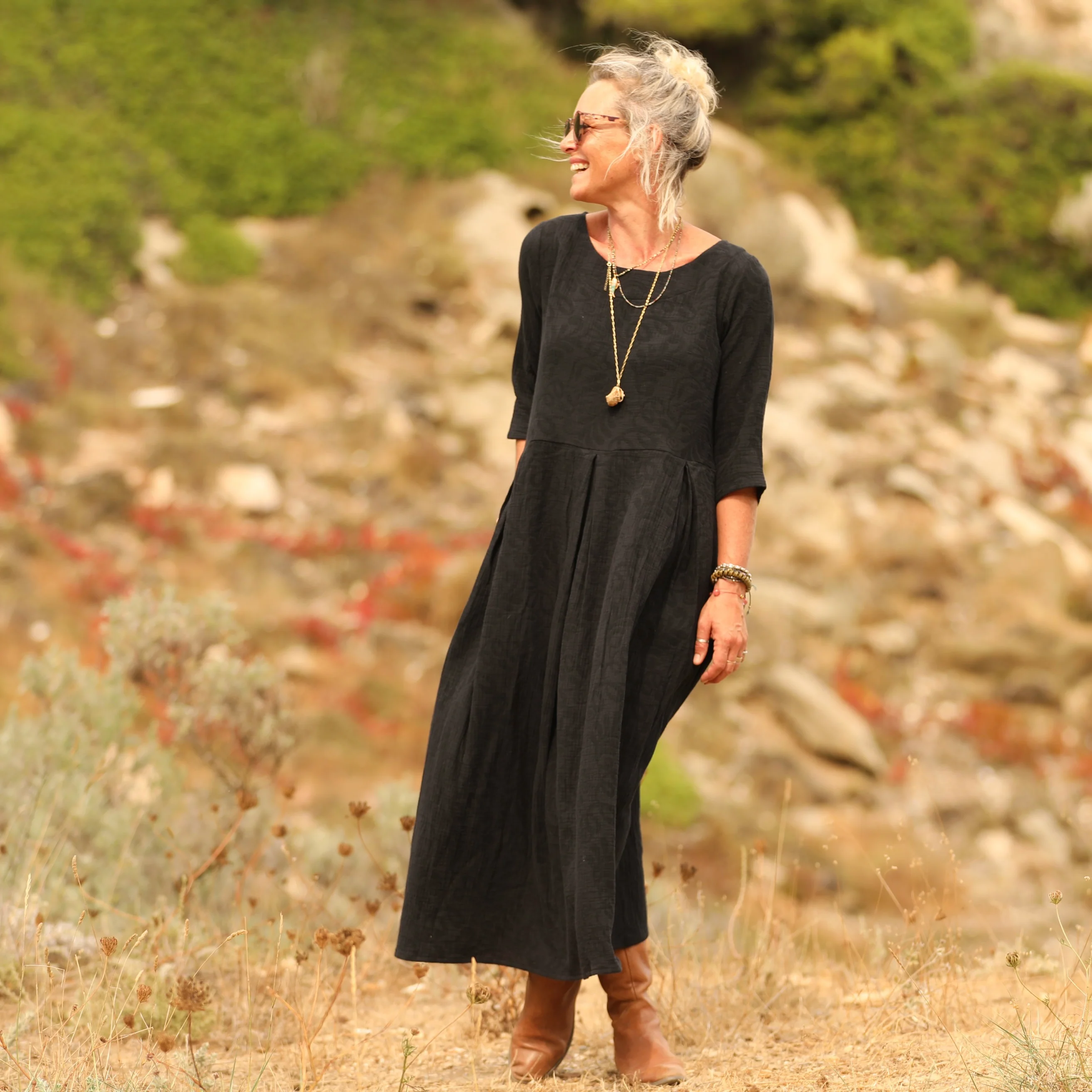 Robe Louisa - Double gaze de coton/lin jacquard fleuri noir - Image 4