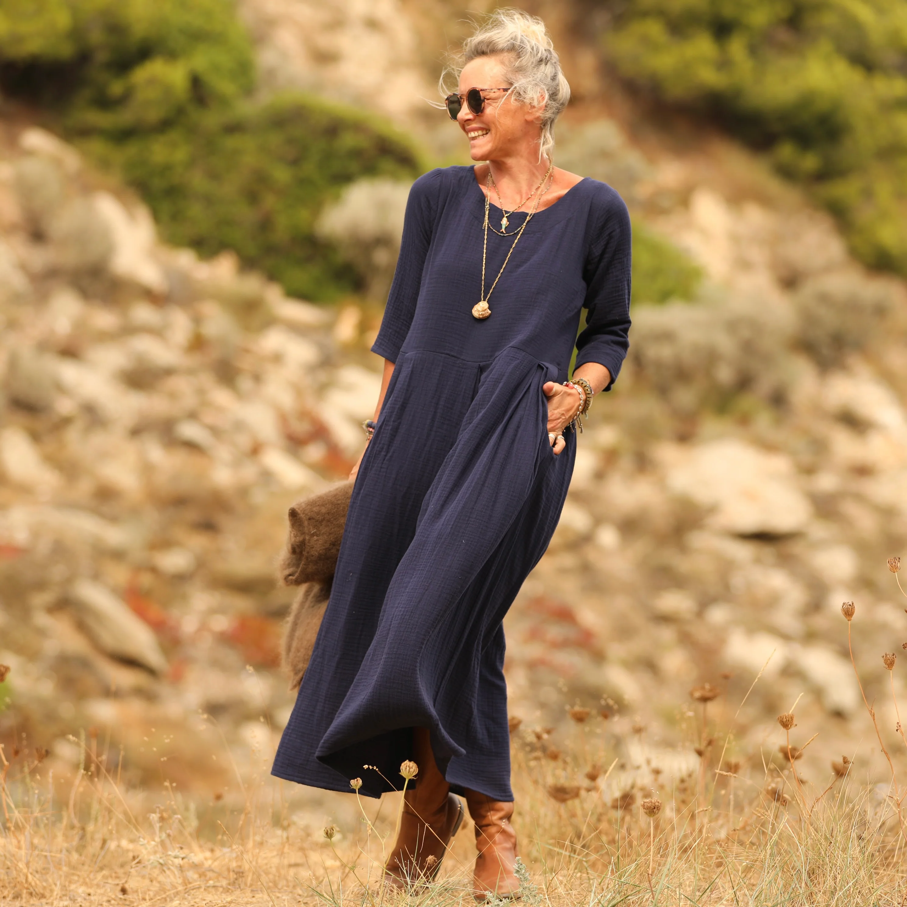 Robe Louisa double gaze de coton bleu nuit - Image 7