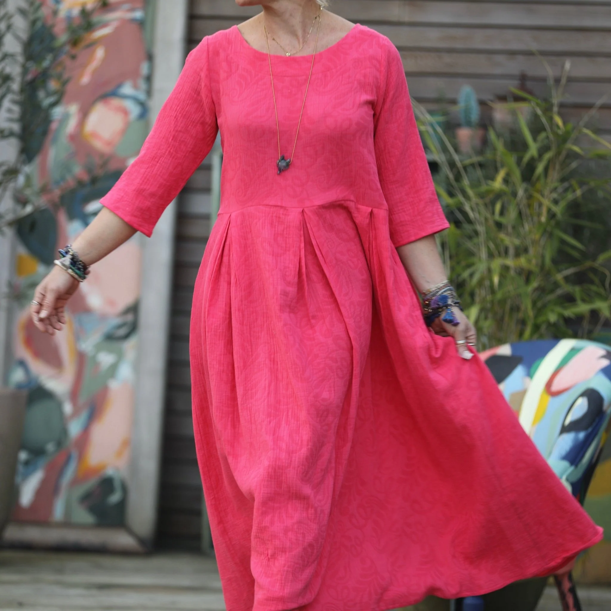 Robe Louisa manches 3/4 jacquard coton/lin fuchsia - Image 4