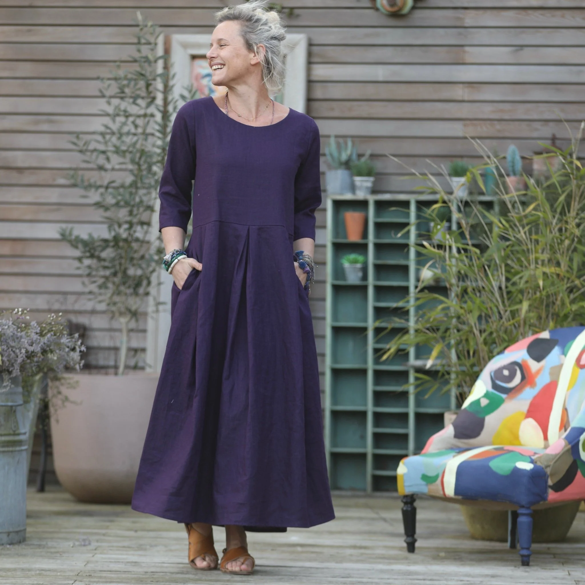 Robe Louisa manches 3/4 lin lilas - Image 4
