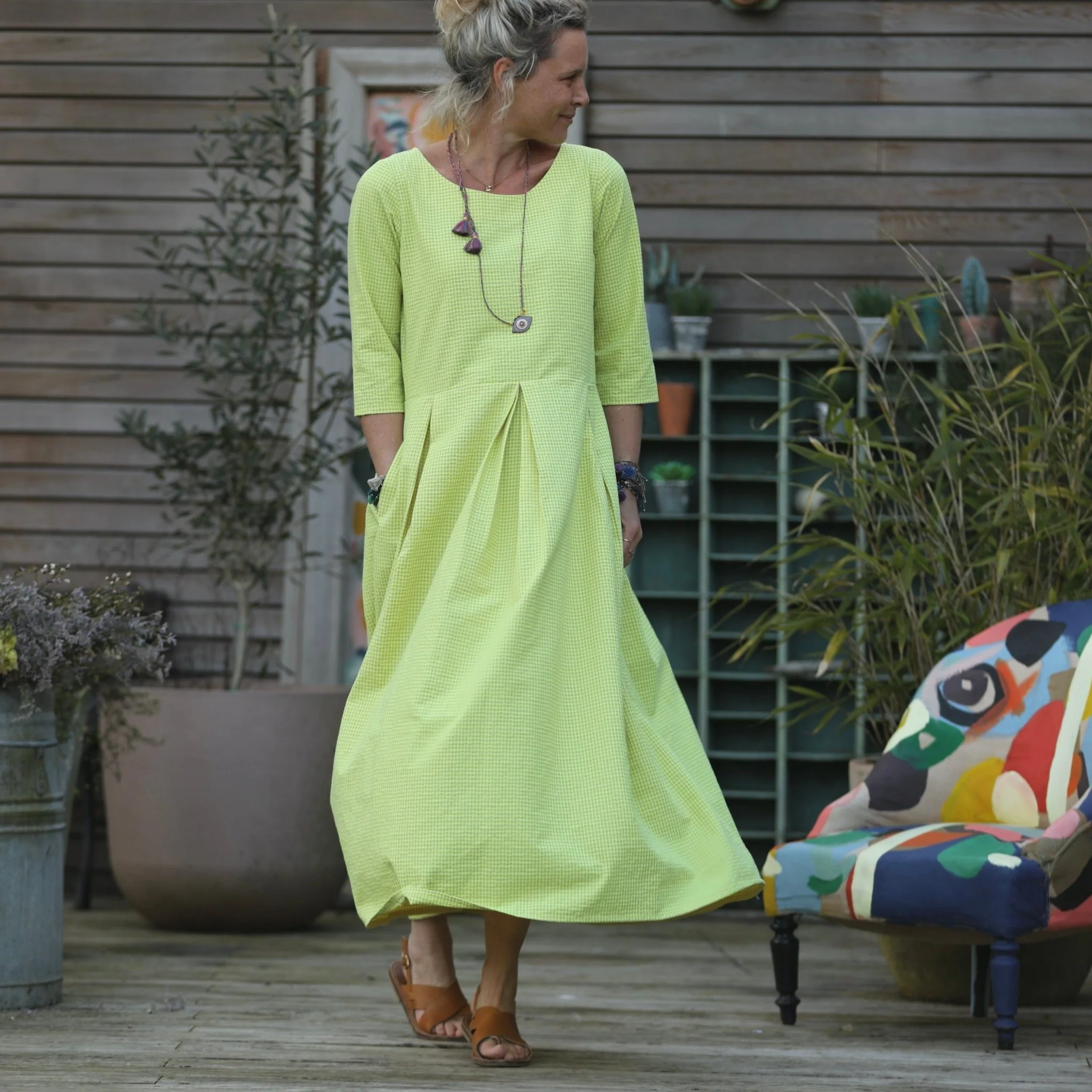 Robe Louisa manches 3/4 vichy ficelle/jaune fluo - Image 12