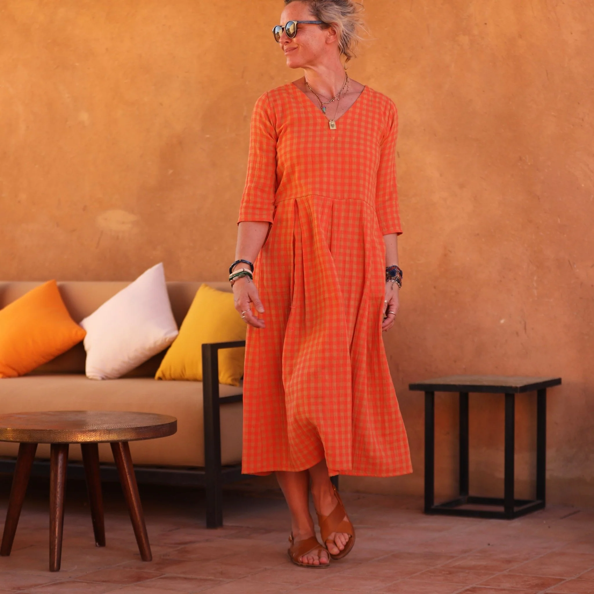 Robe Louisette - double gaze de coton carreaux orange/ocre - Image 5