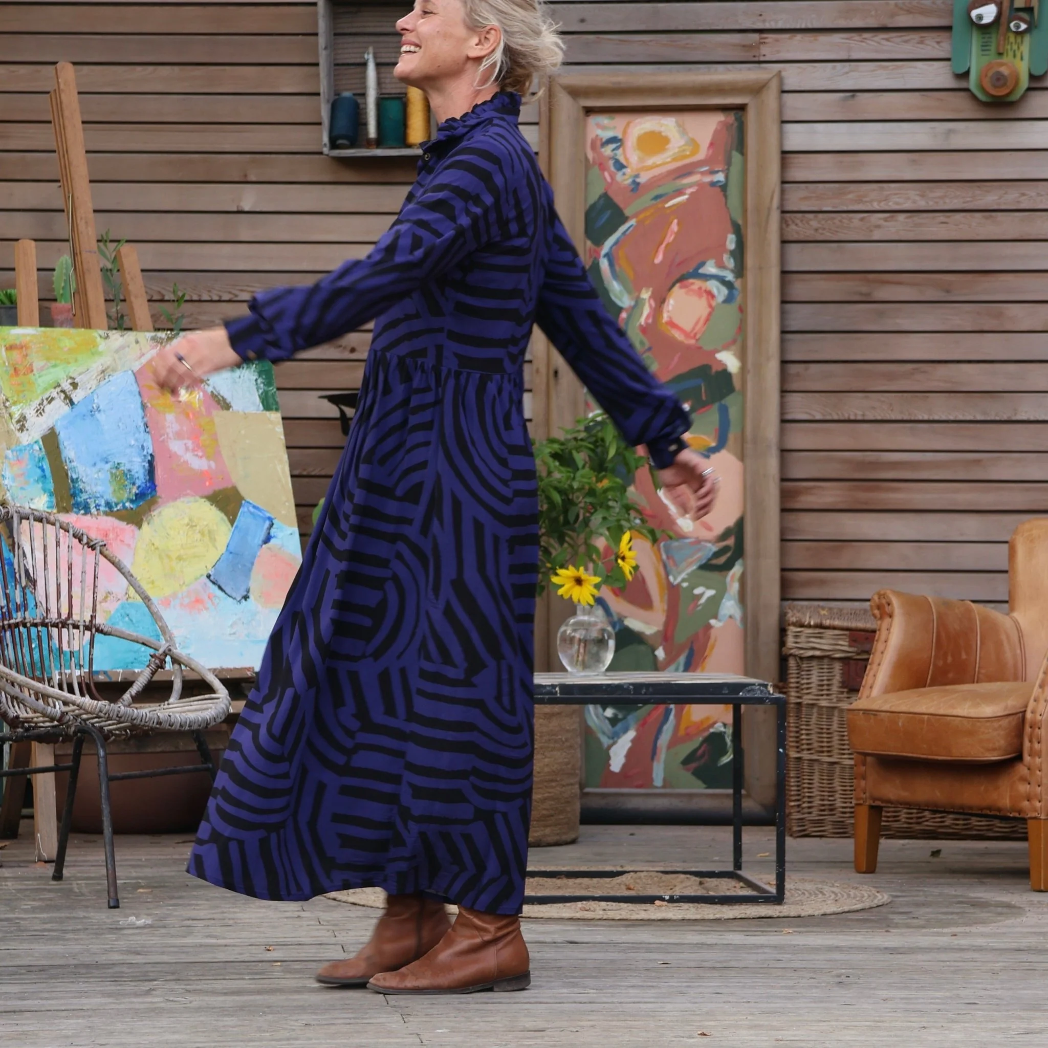 Robe Pomme - viscose géométrique indigo/noir - Image 7